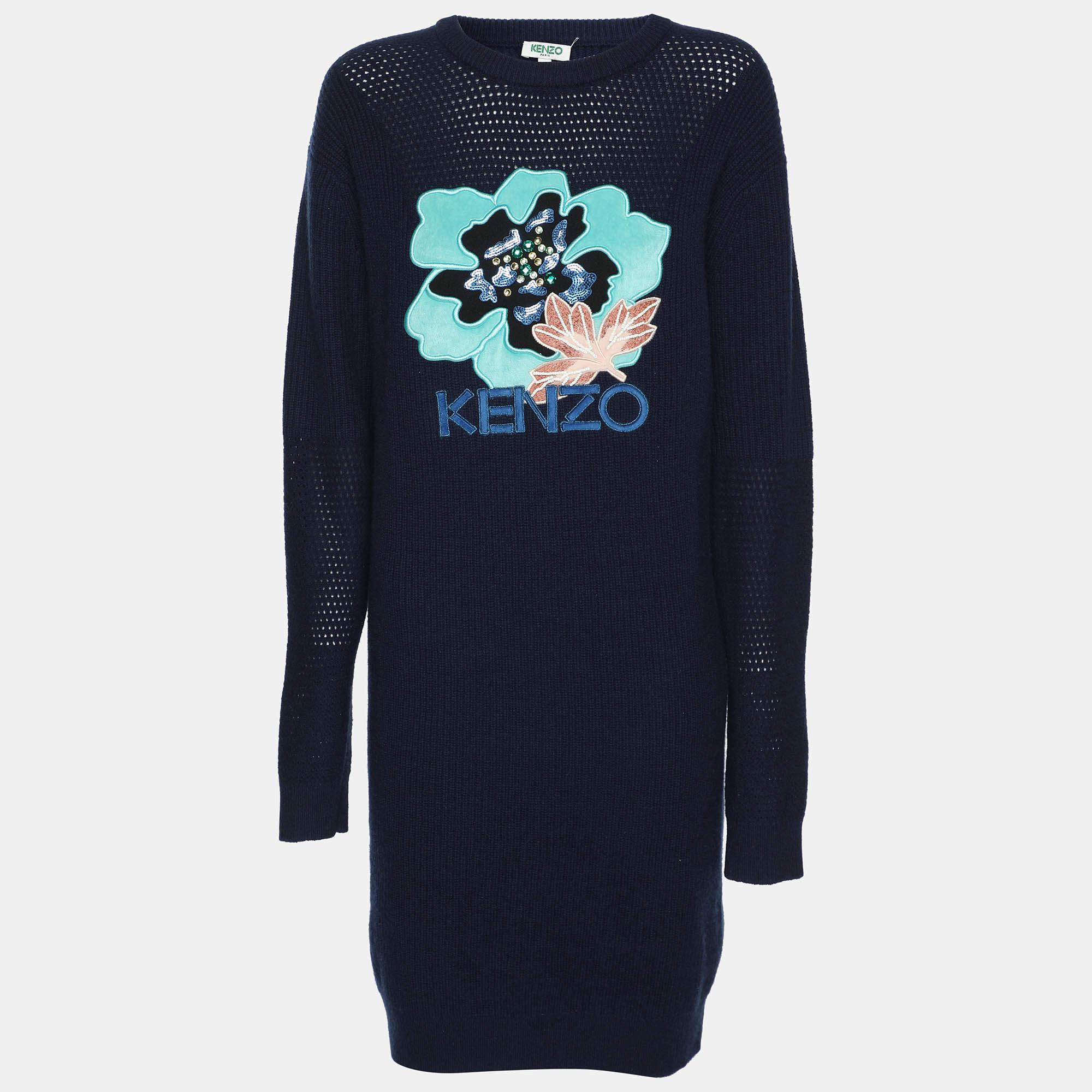 Kenzo Navy Blue Wool Knit Logo Embellished Sweater S