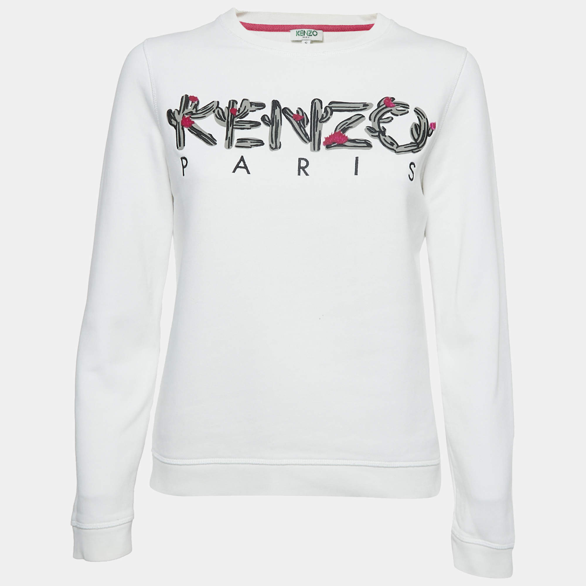 Kenzo White Logo Embroidered Cotton Crew Neck Sweatshirt S
