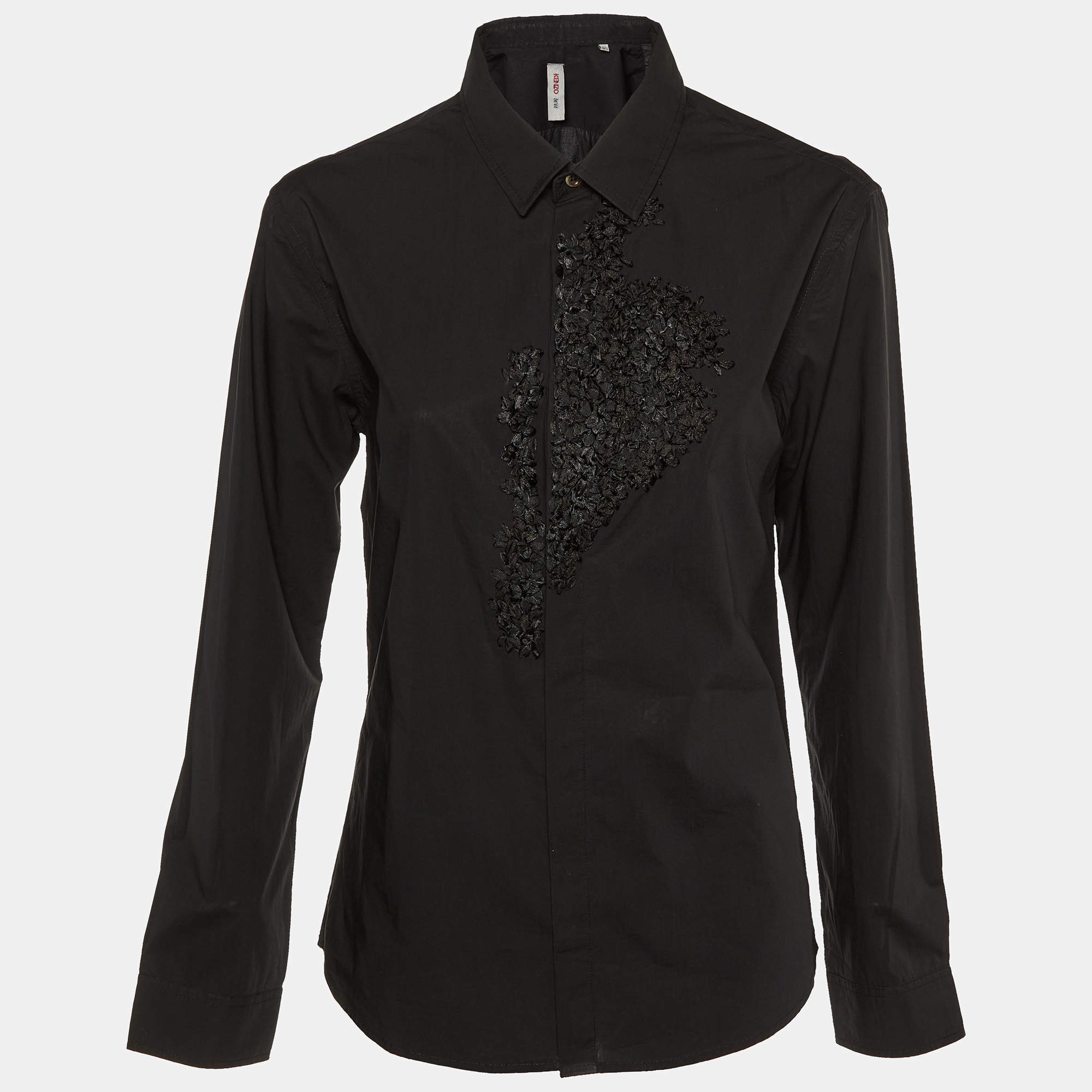 Kenzo Defile Black Cotton Ribbon Detail Button Up Shirt L