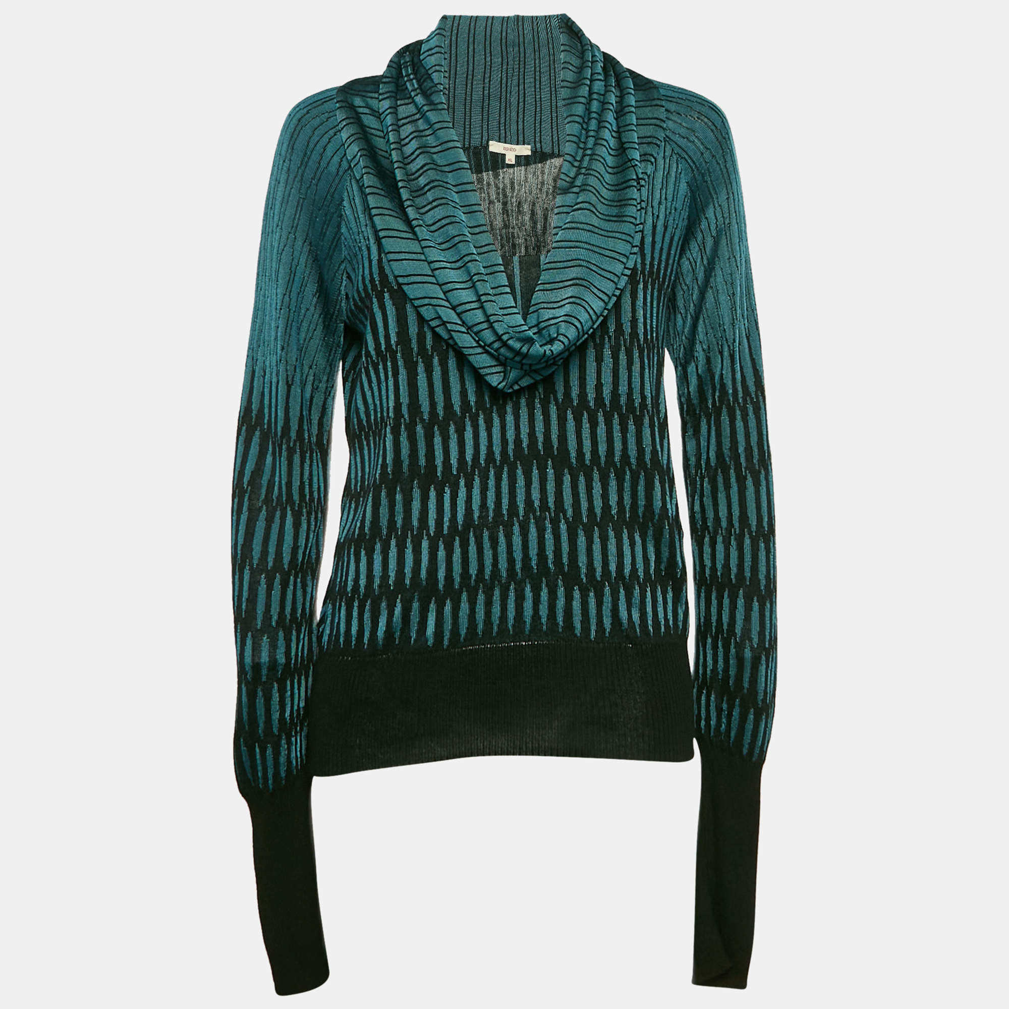 Pre Owned Kenzo Black & Teal Patterned Knit Cowl Neck Sweater XL