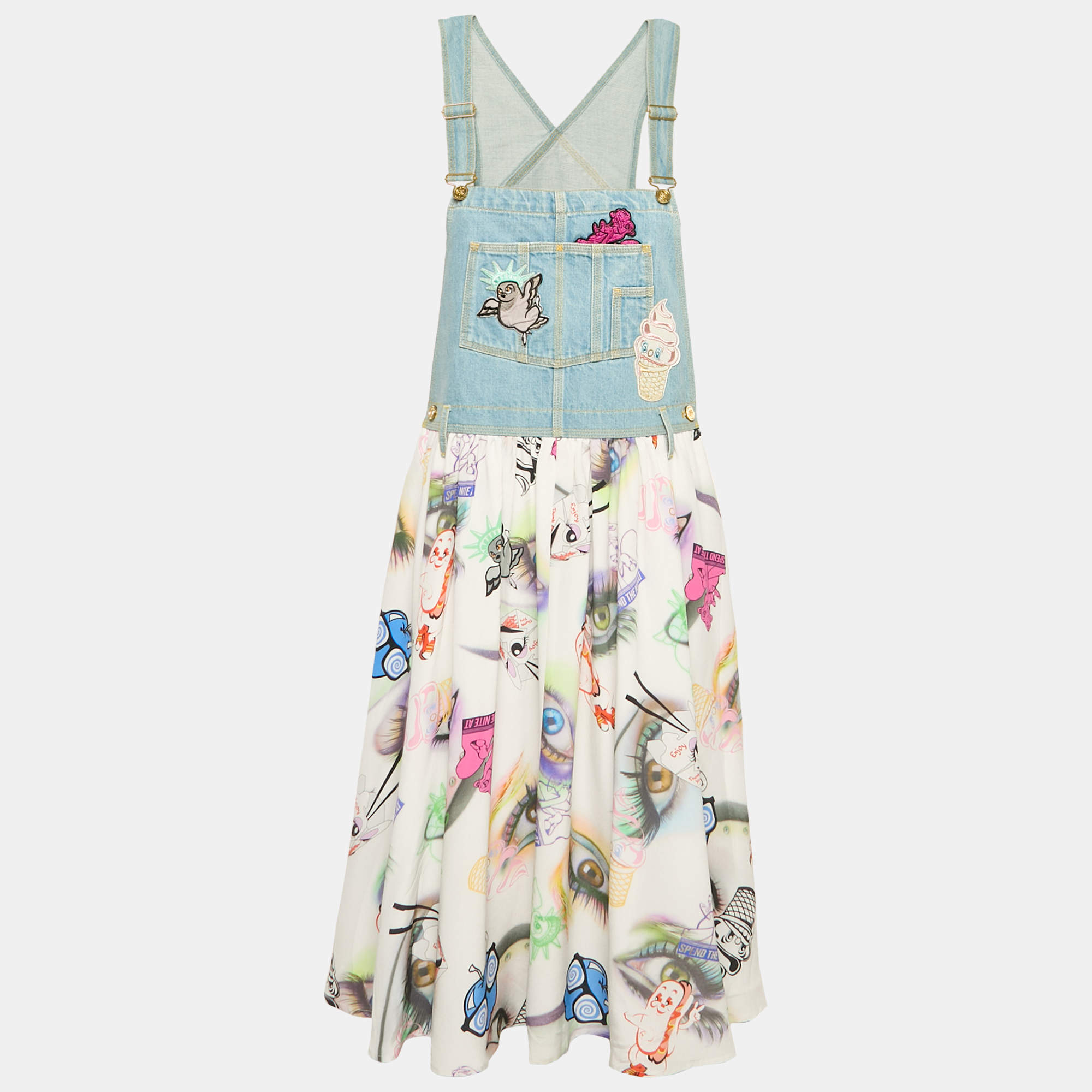 Pre Owned Kenzo Blue Eyes Print Silk and Denim Applique Detail Midi Dress M