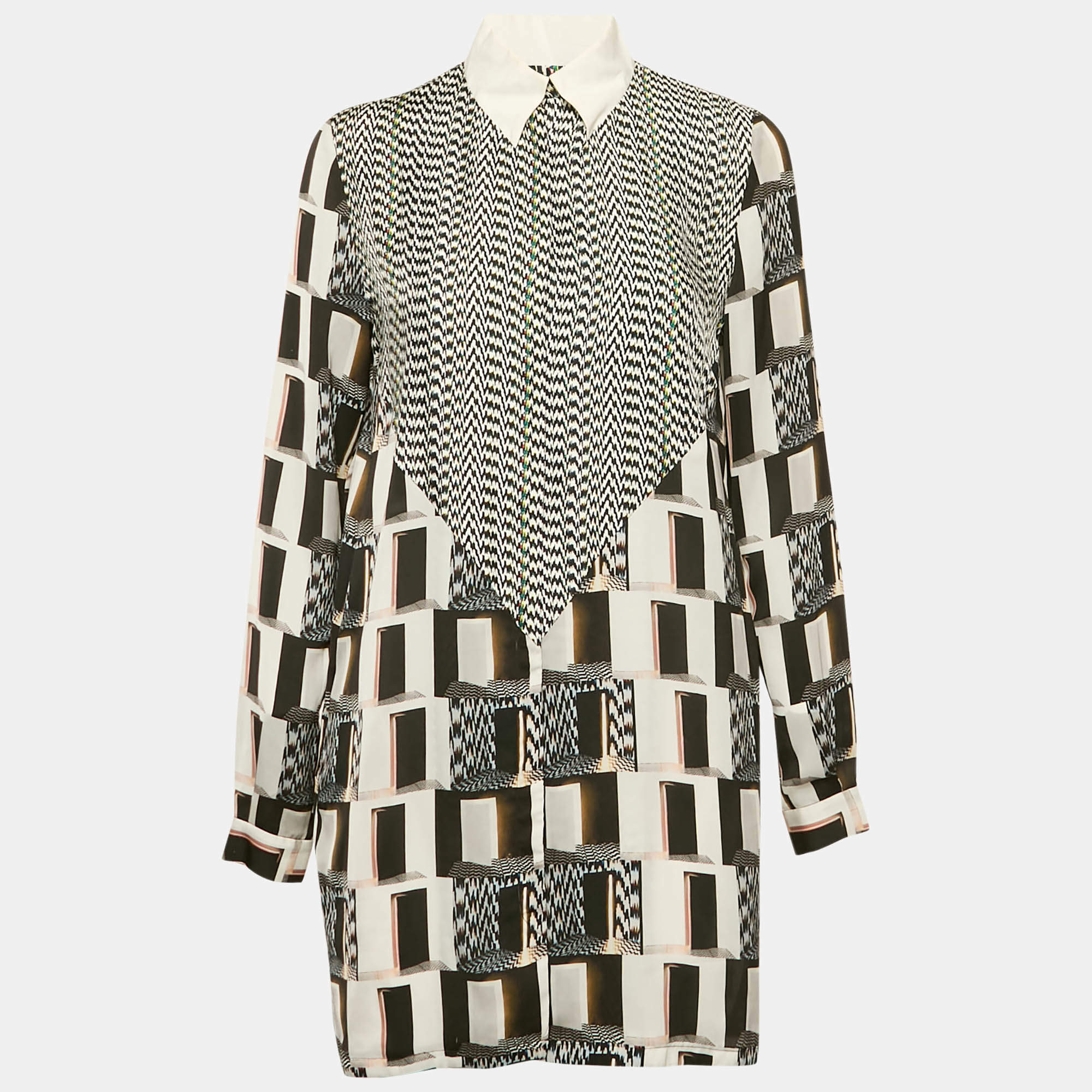 Pre Owned Kenzo Black/White Printed Silk Shirt Dress M