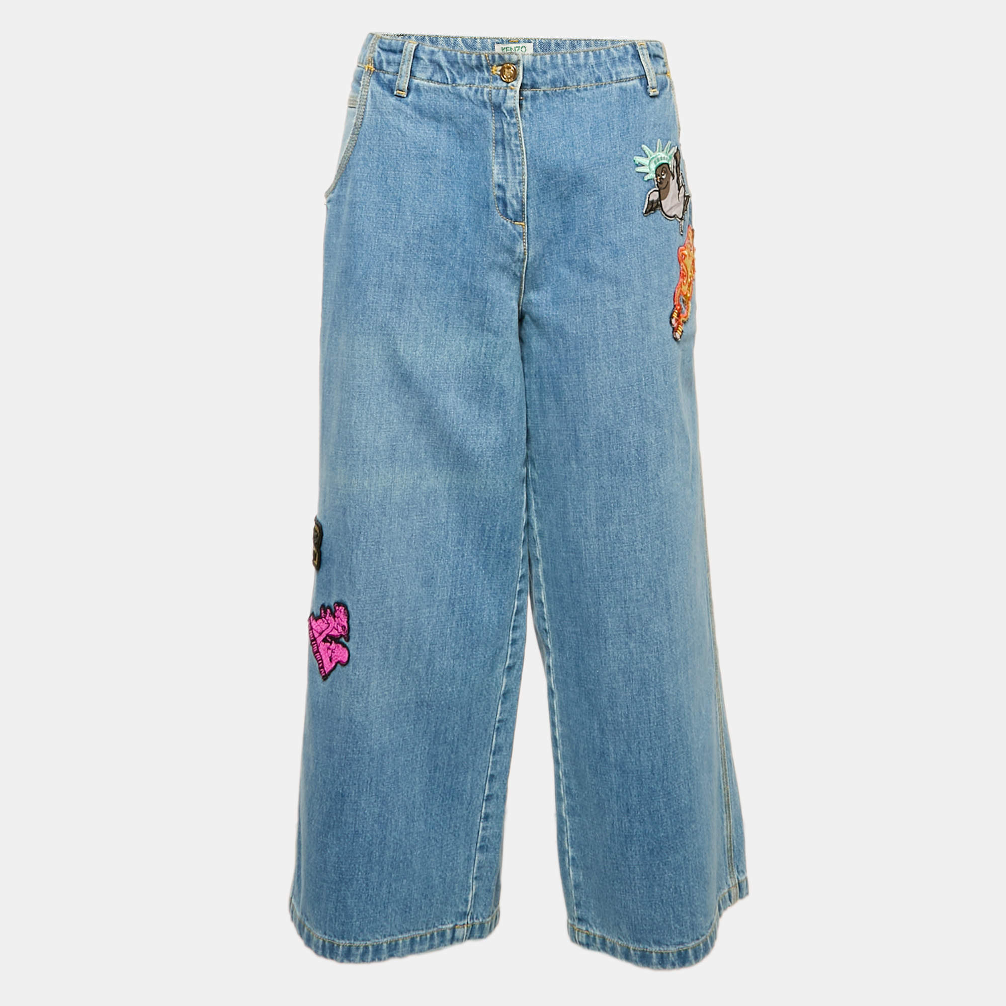 Kenzo Blue Applique Detail Denim Wide-Leg Jean L Waist 34"