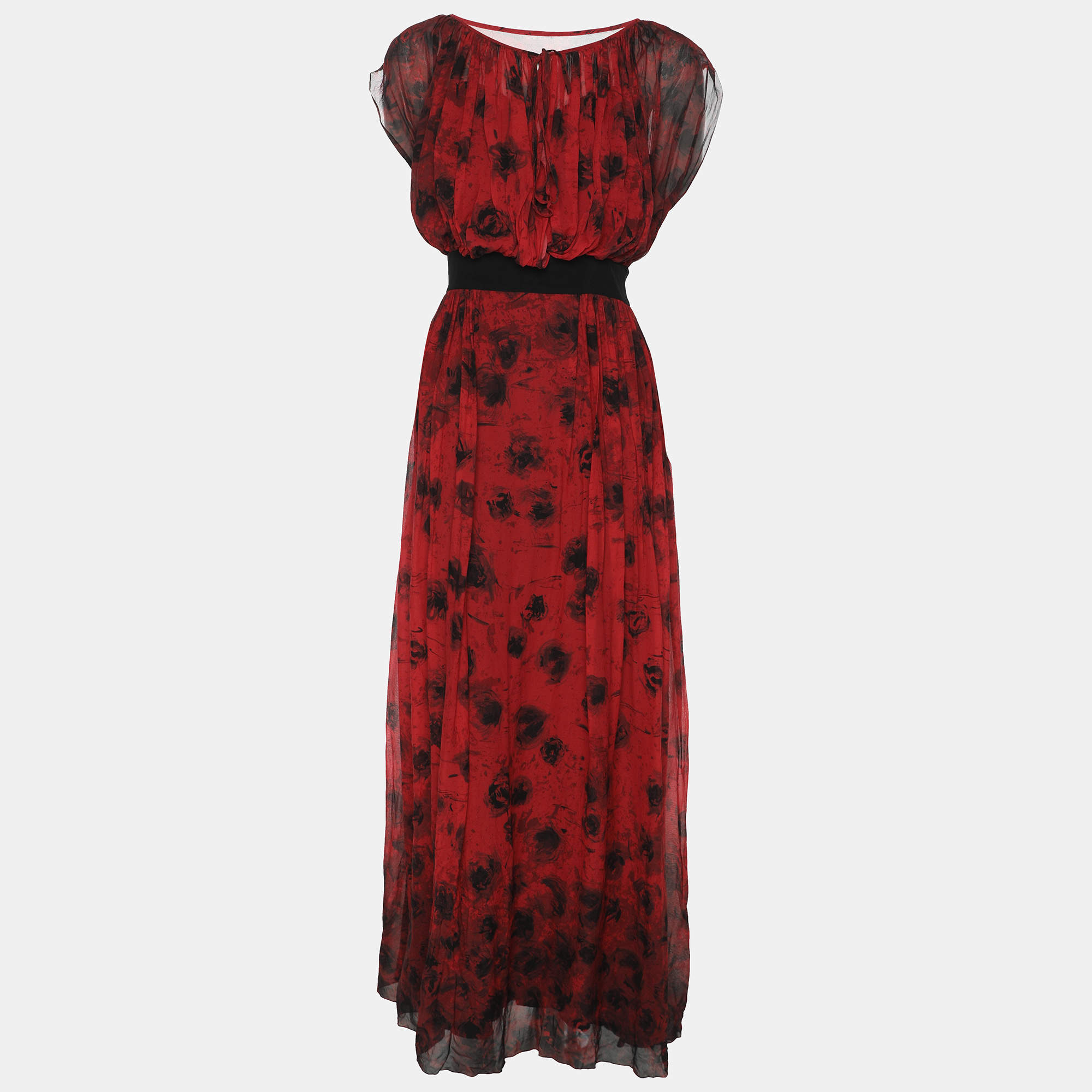 Pre Owned Kenzo Red/Black Floral Print Silk Dress L