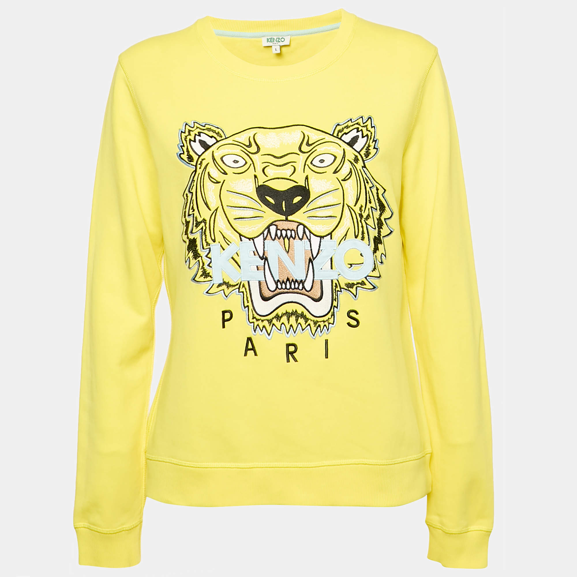 Kenzo Yellow Tiger Embroidered Cotton Crew Neck Sweatshirt L
