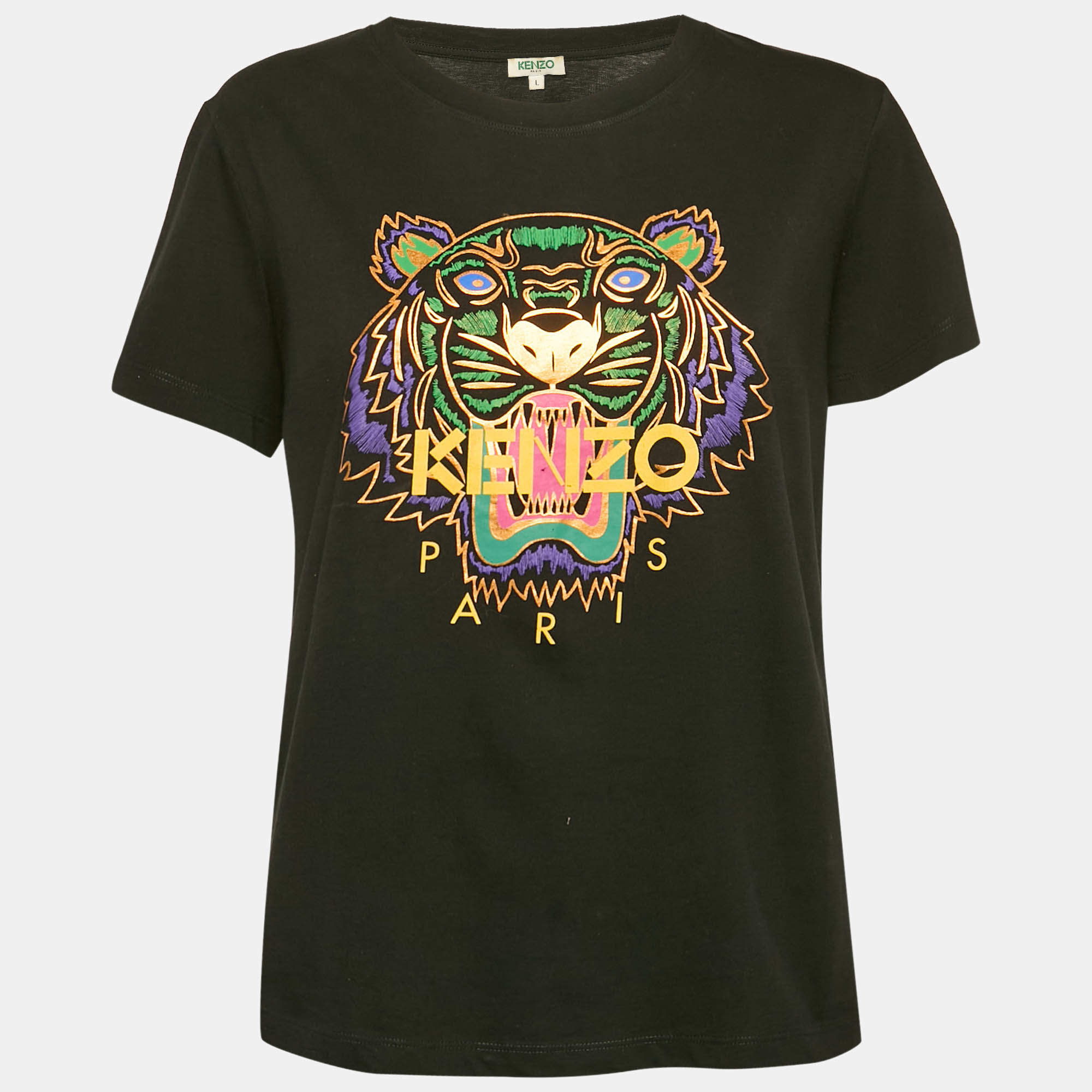 Kenzo Black Tiger Foil Print Cotton Short Sleeve T-Shirt L