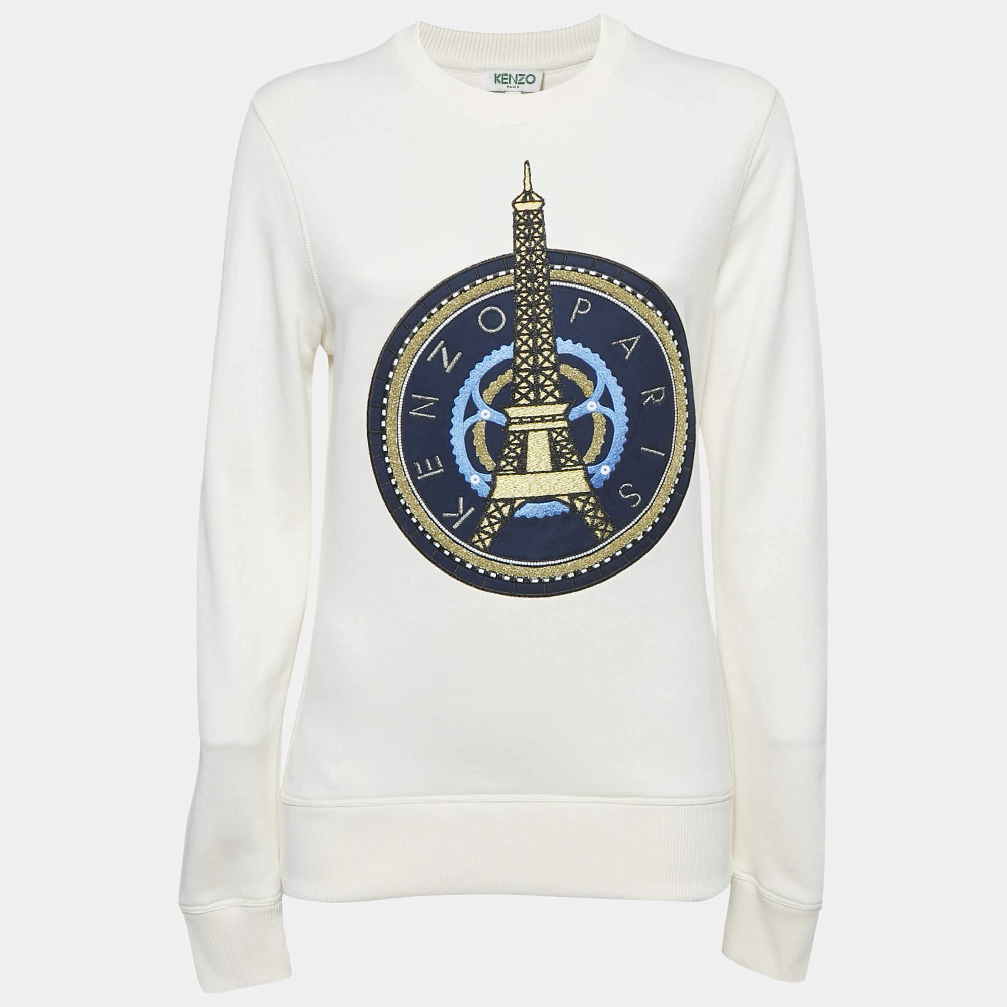 Kenzo Off-White Eiffel Tower Embroidery Cotton Crew Neck Sweatshirt S 