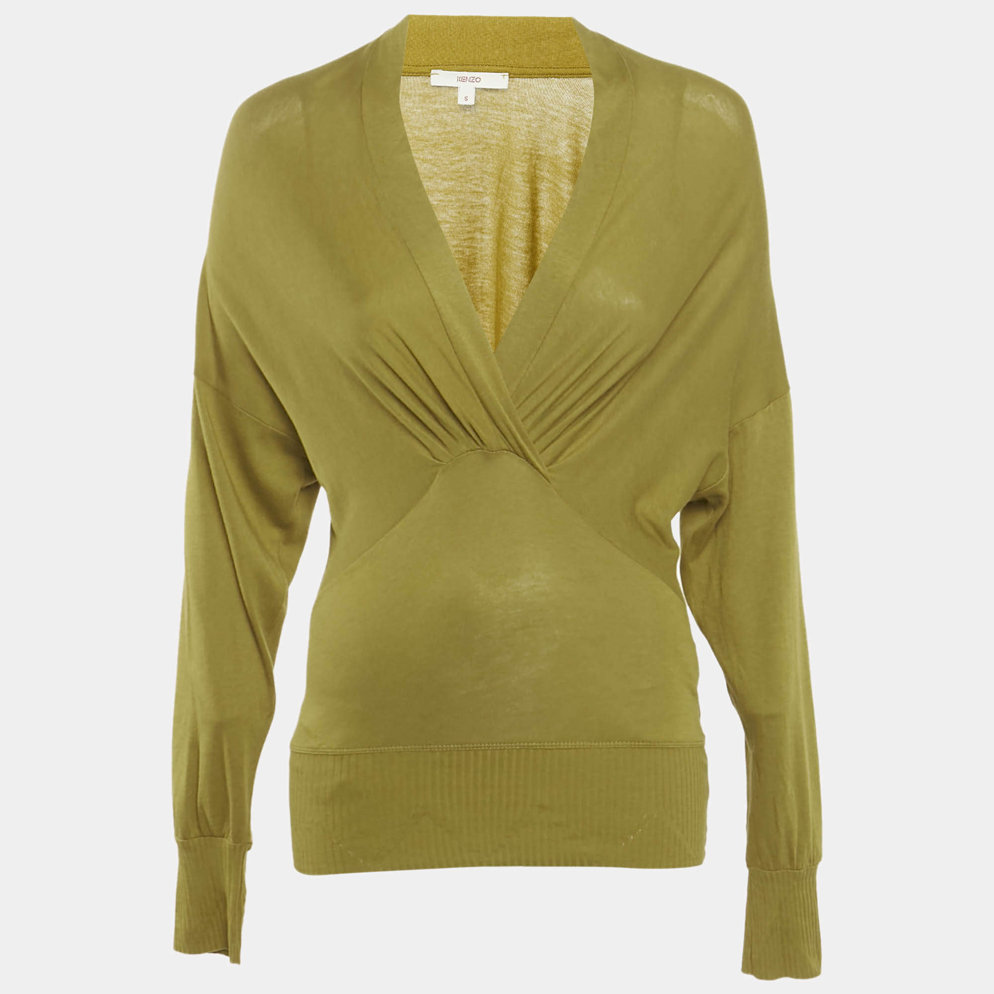 Pre Owned Kenzo Olive Yellow Cotton and Modal Knit V-Neck Long Sleeve Top S
