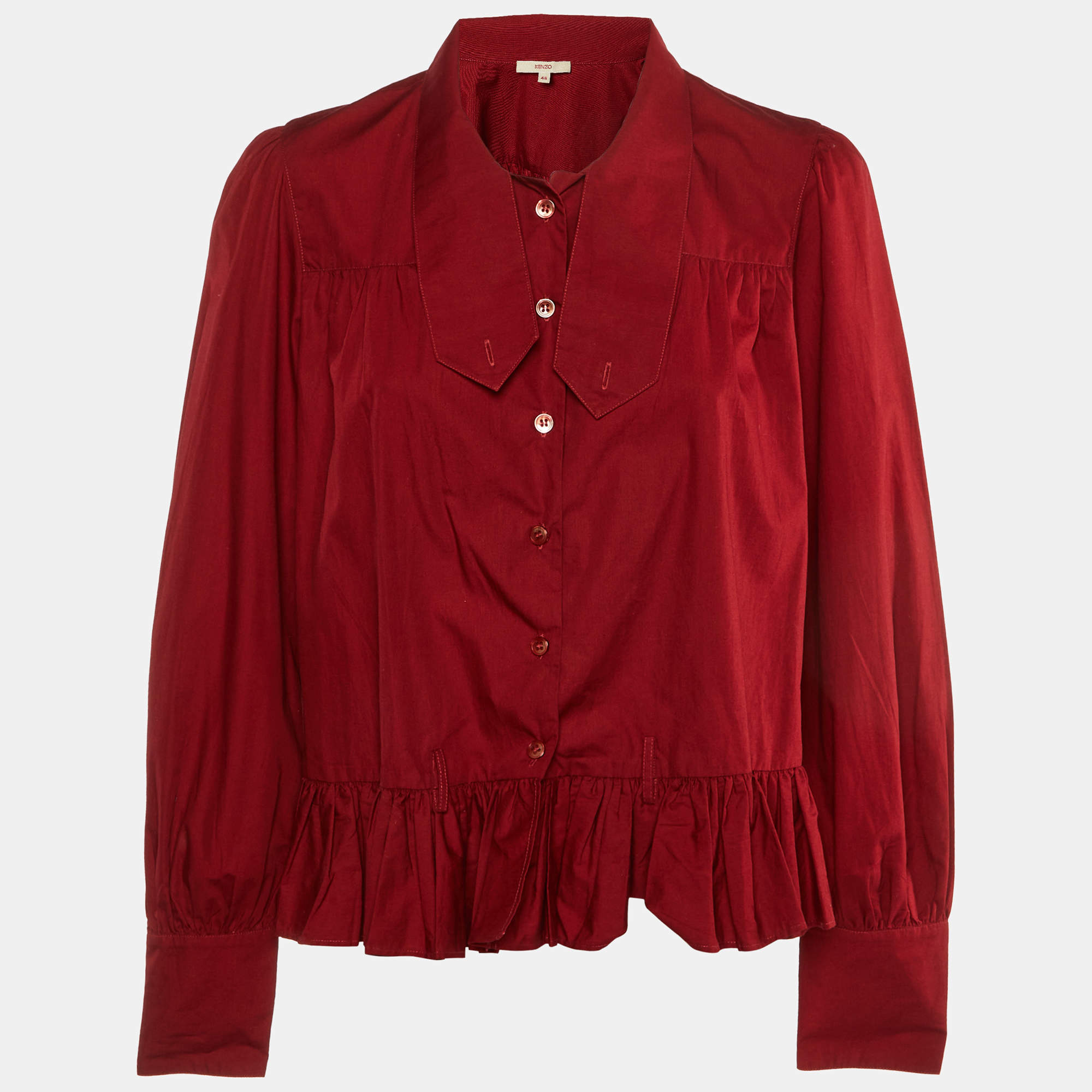 Kenzo Red Cotton Ruffle Button Front Shirt XL