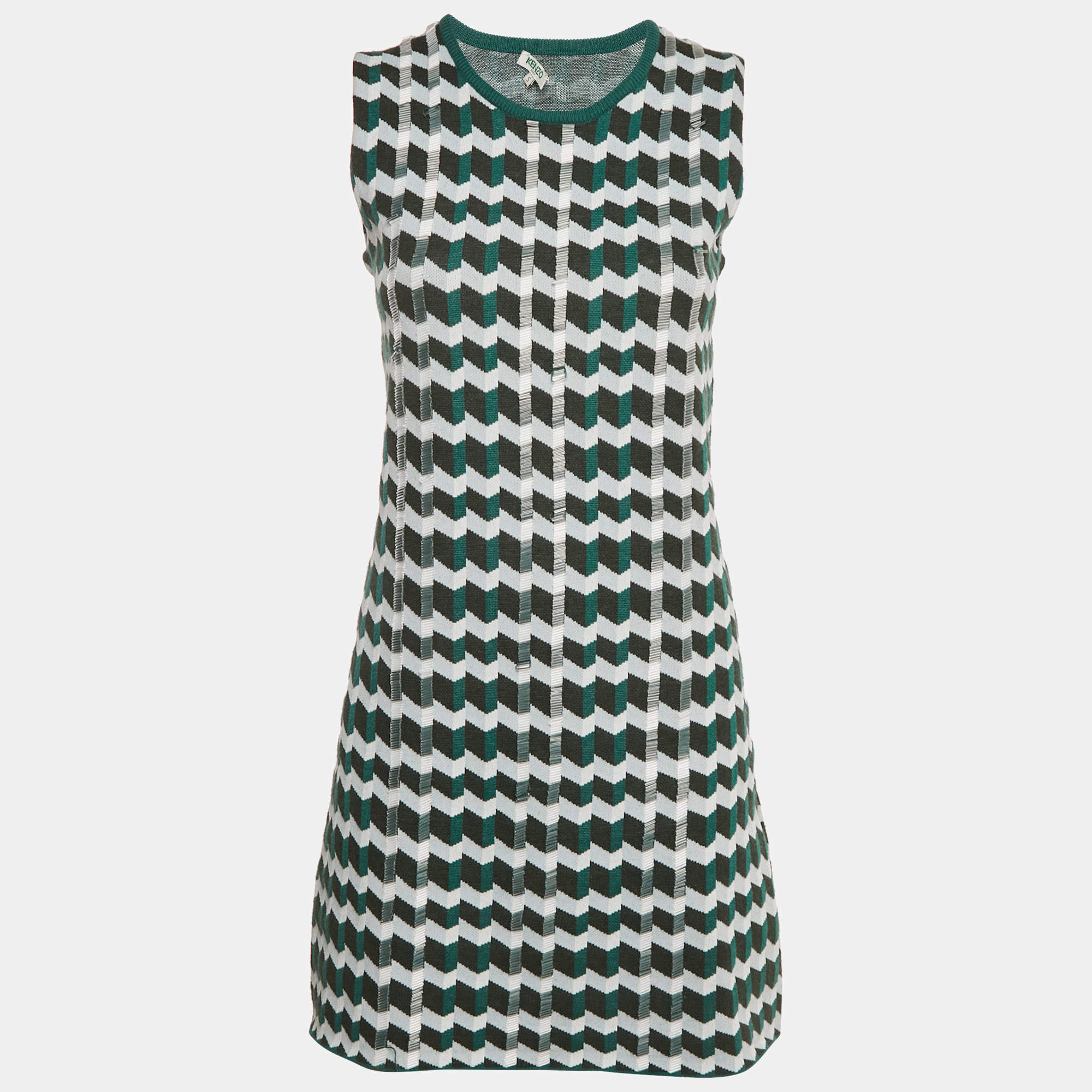 Kenzo Green Patterned Knit Beads Embellished Mini Dress S