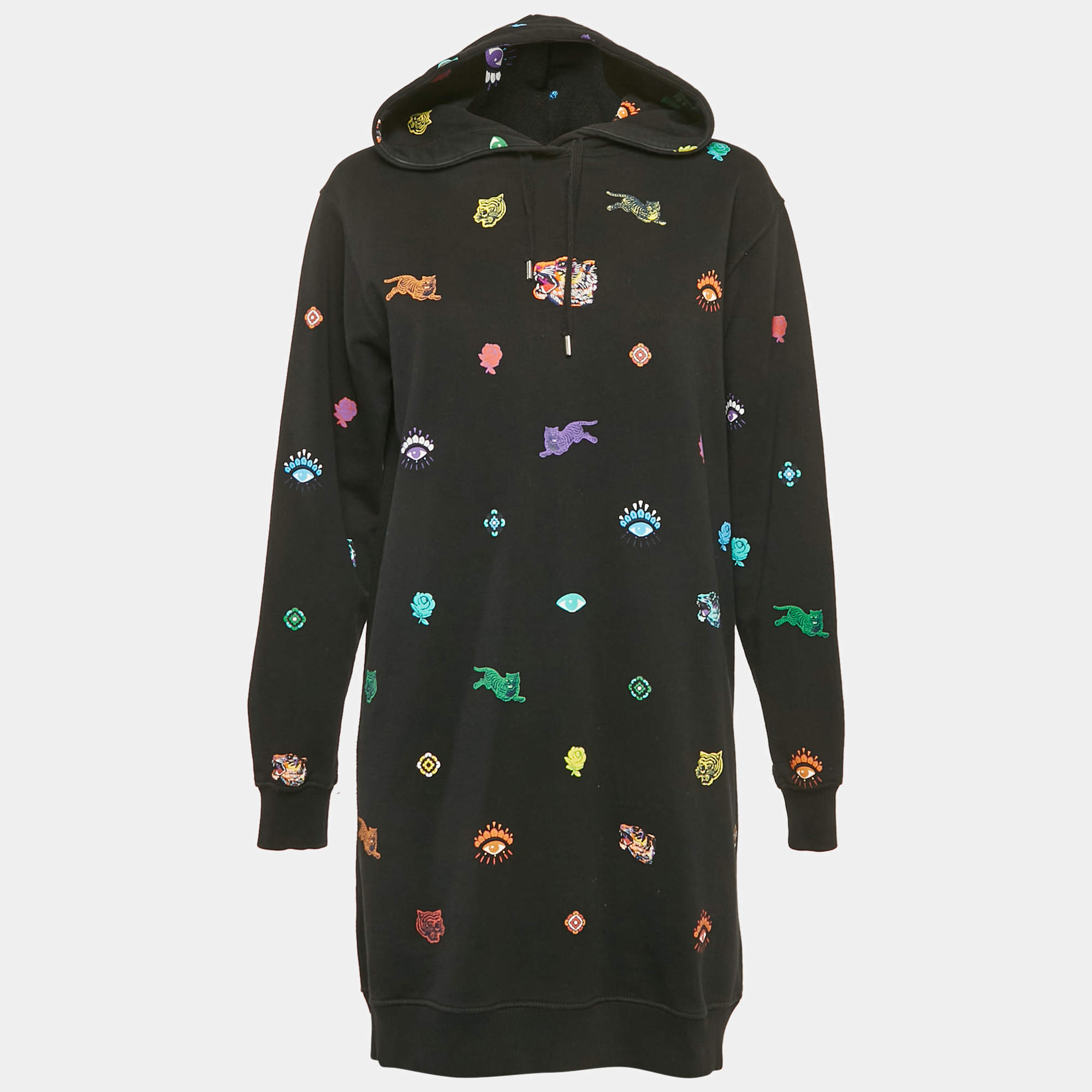 Kenzo Black Tiger Print Cotton Knit Hooded Mini Dress S