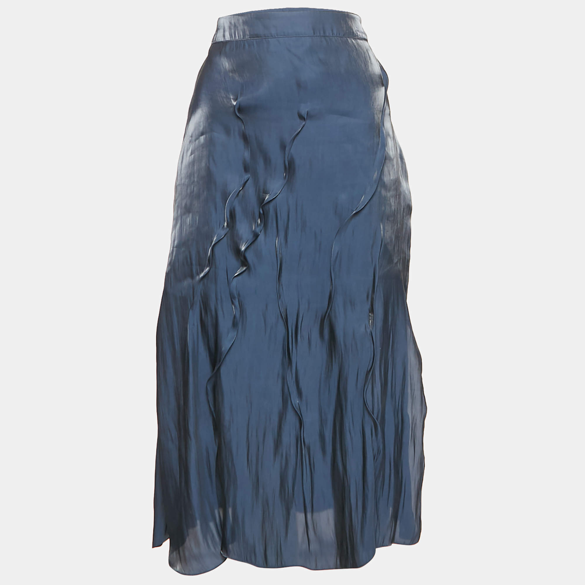 Kenzo Navy Blue Satin Wavy Pin Tucked Midi Skirt M