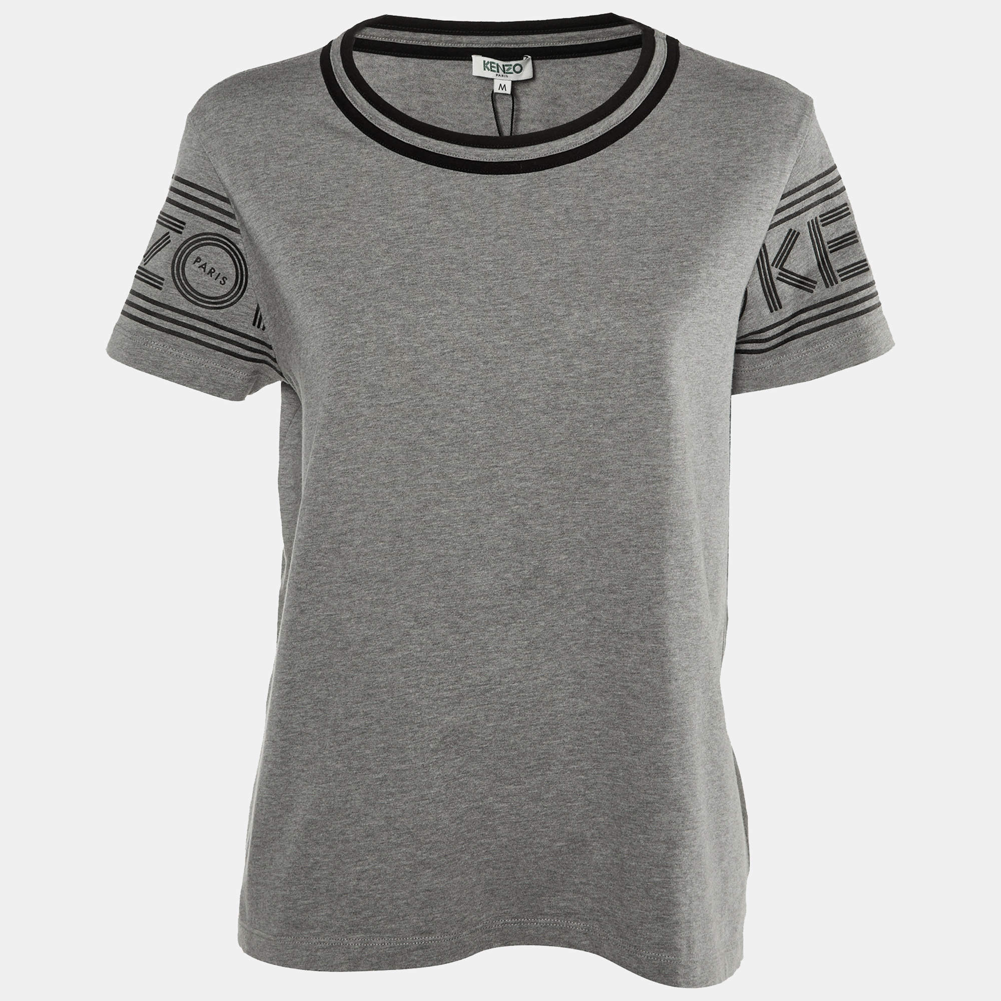 Kenzo Grey/Black Logo Cotton Printed Sleeve Round Neck T-Shirt M
