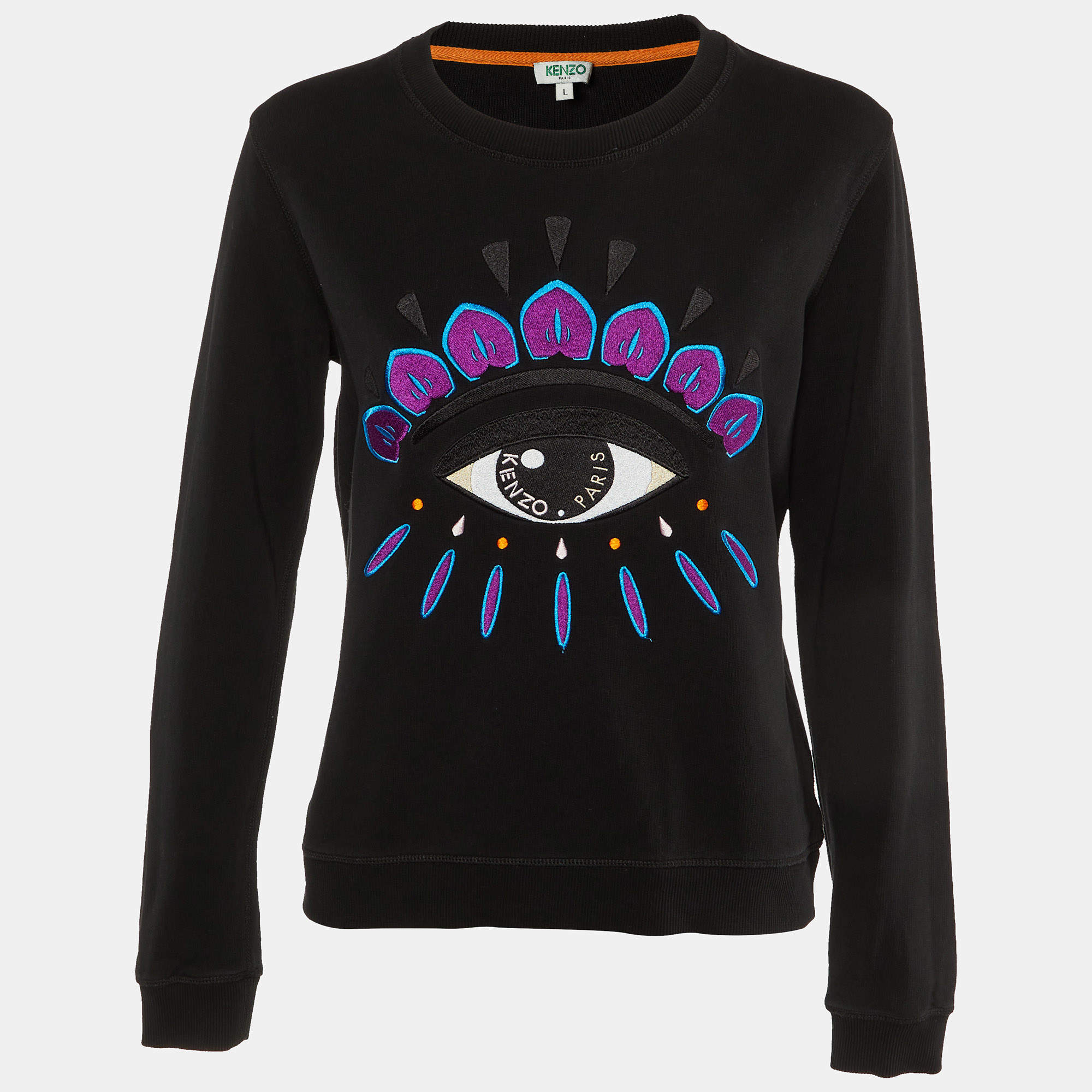 Pre Owned Kenzo Black Eye Embroidered Cotton Knit Sweatshirt L