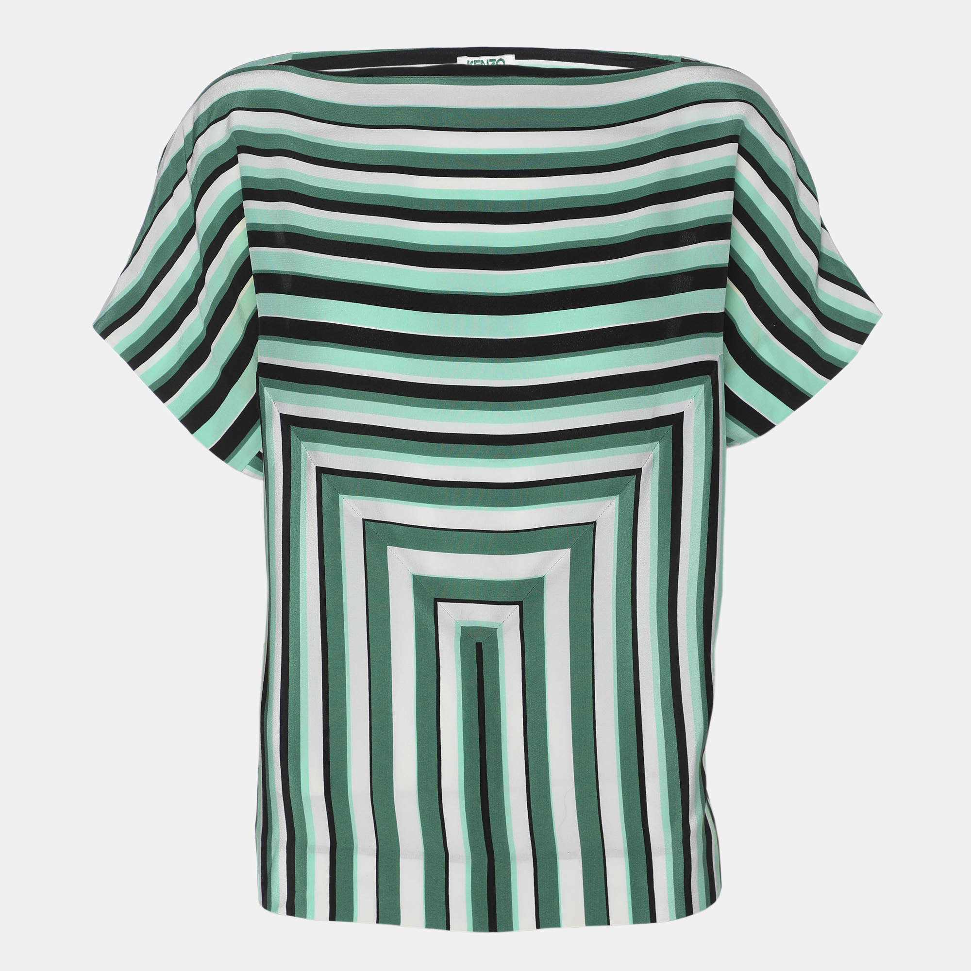 Pre Owned Kenzo Green Stripe Silk Tunic Blouse L