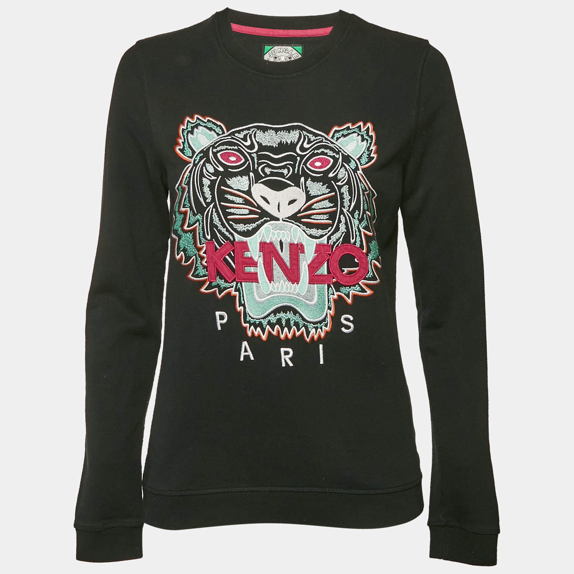 Pre Owned Kenzo Black Tiger Logo Embroidered Cotton Knit Sweatshirt M