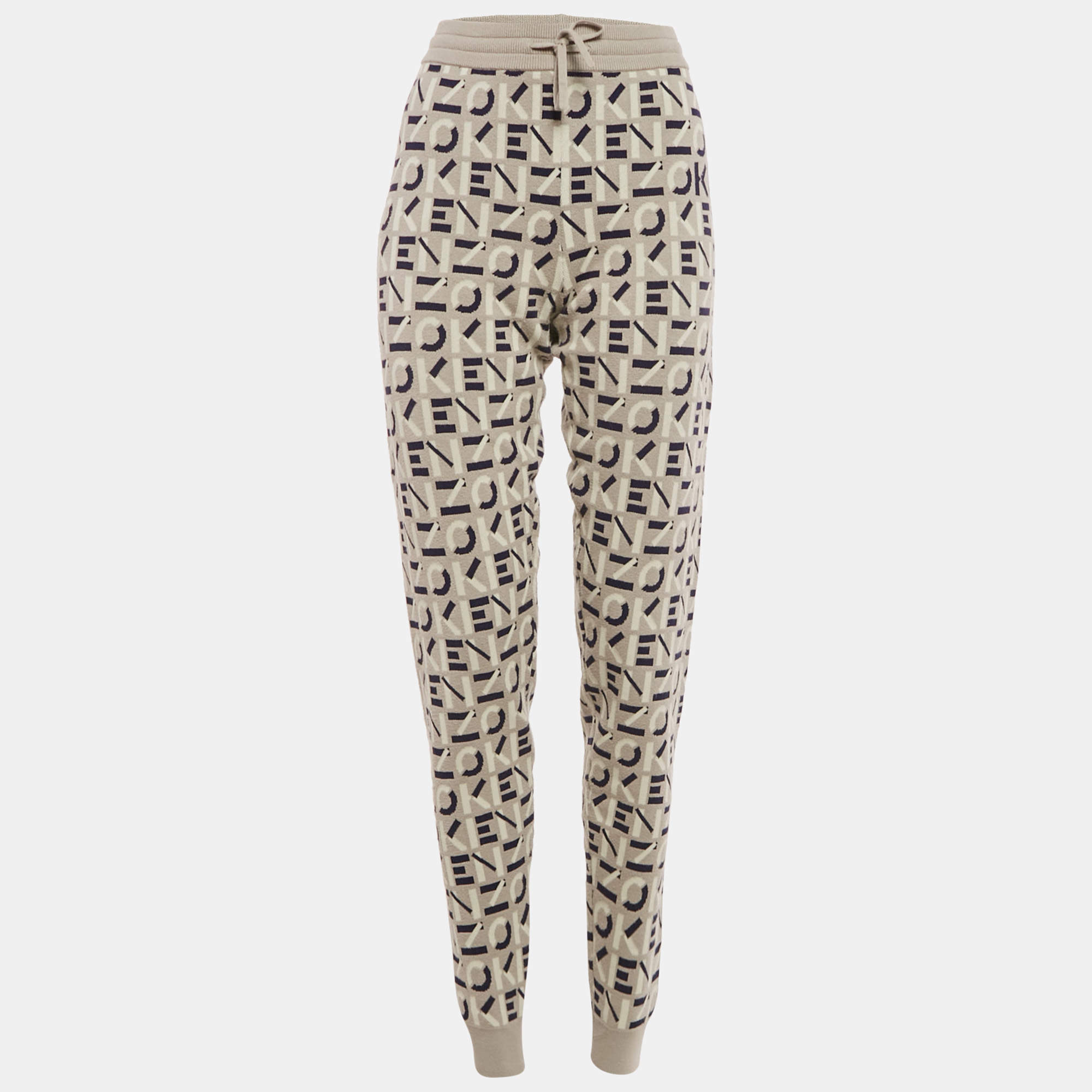 Pre Owned Kenzo Grey Logo Jacquard Knit Jogger Pants M
