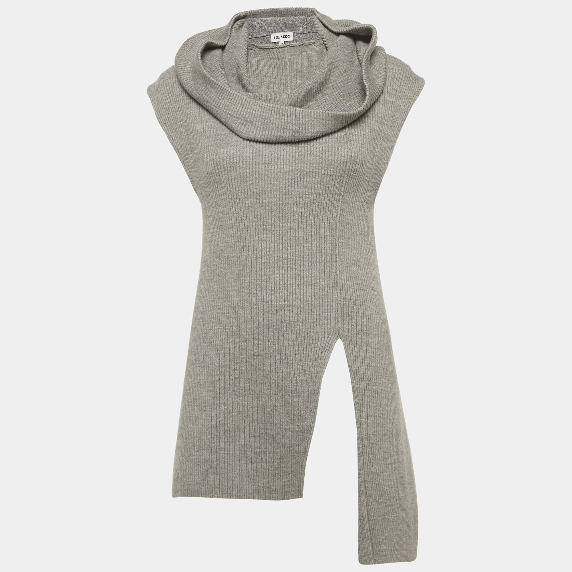Pre Owned Kenzo Grey Rib Knit Sleeveless Hooded Top M