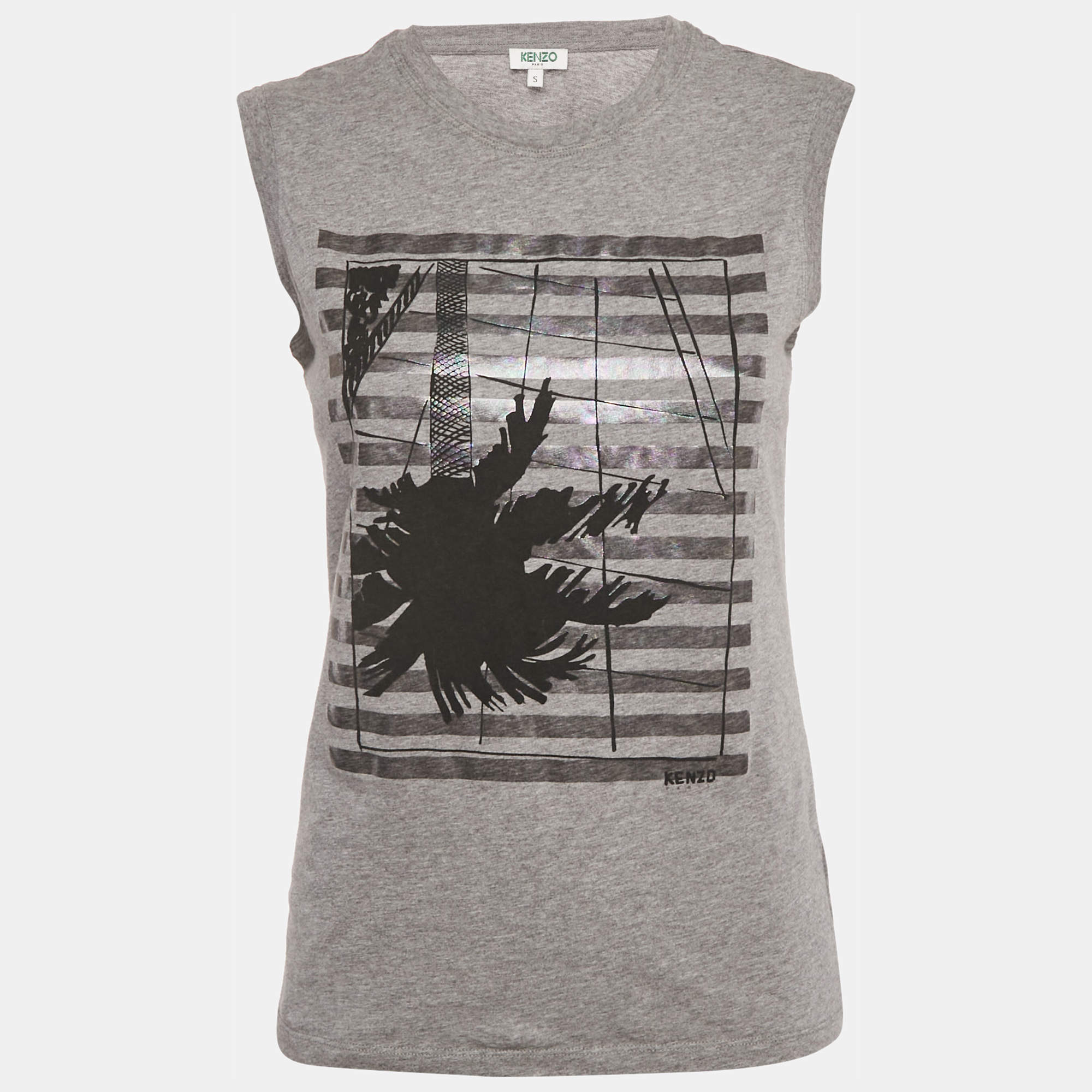 Pre Owned Kenzo Grey Printed Cotton Knit Sleeveless Top S