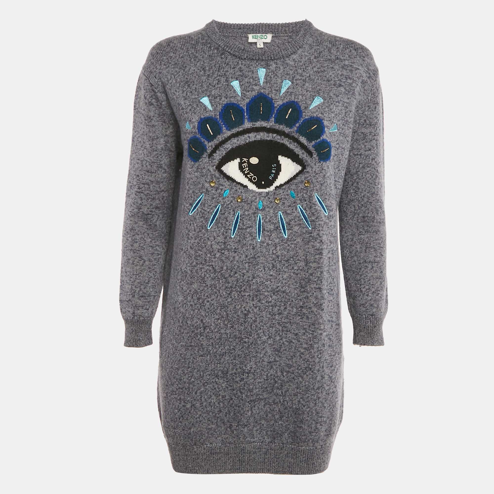 Pre Owned Kenzo Blue Eye Intarsia Wool Knit Mini Sweater Dress S