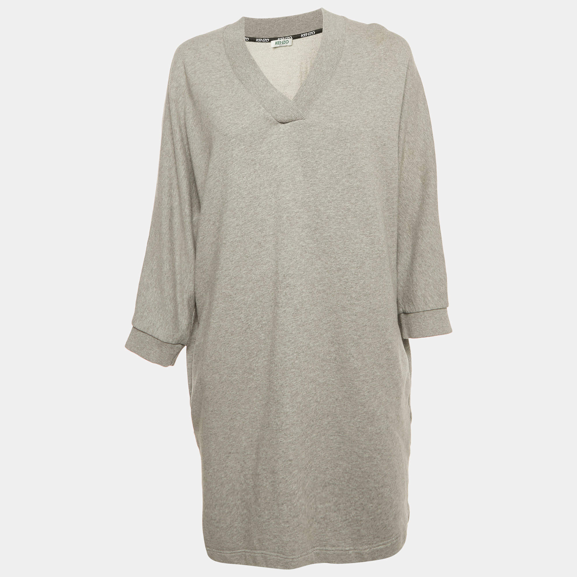 Pre Owned Kenzo Grey Cotton Knit V-Neck Sweatshirt Dress L