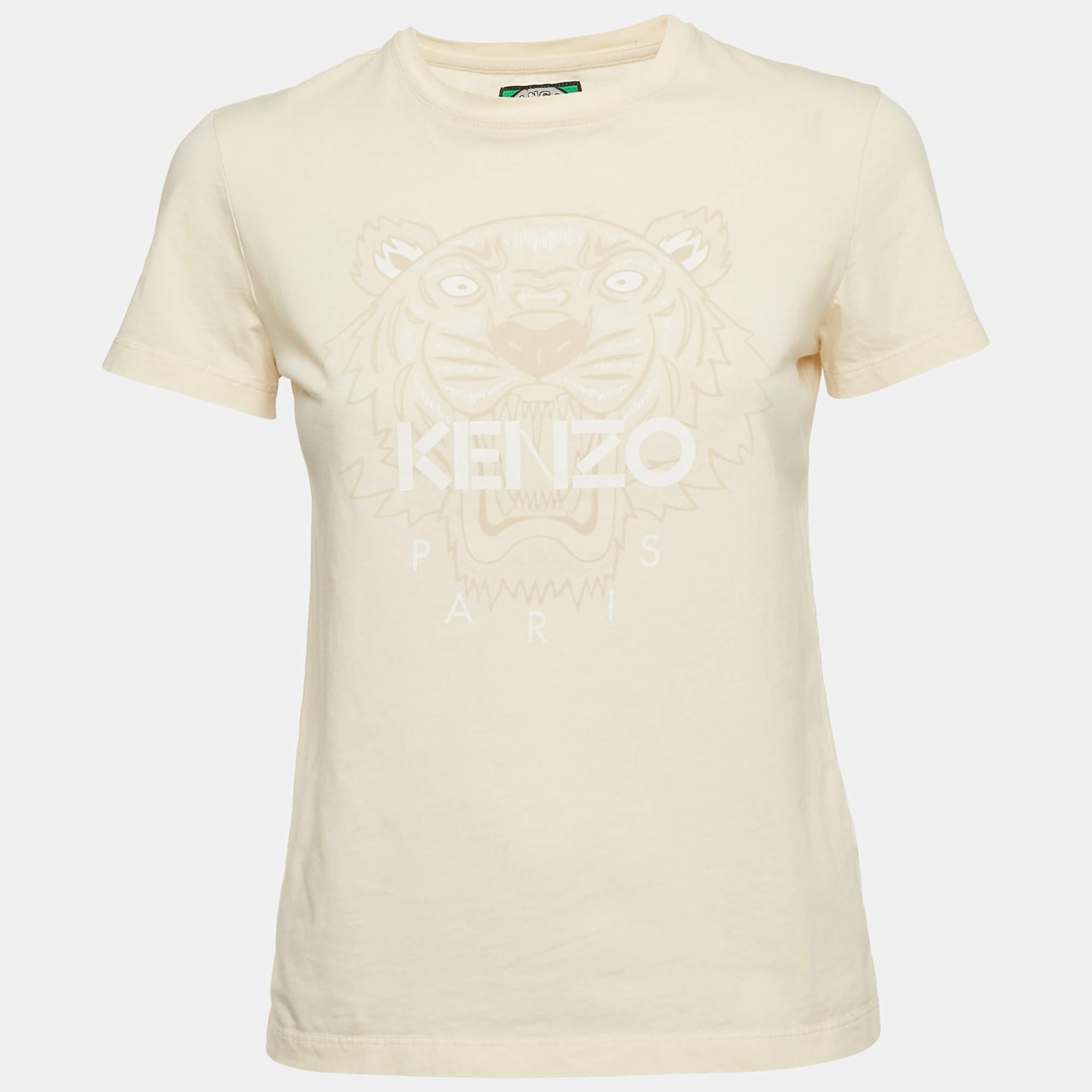 Pre Owned Kenzo Cream Flock Tiger Print Cotton Crewneck T-shirt S