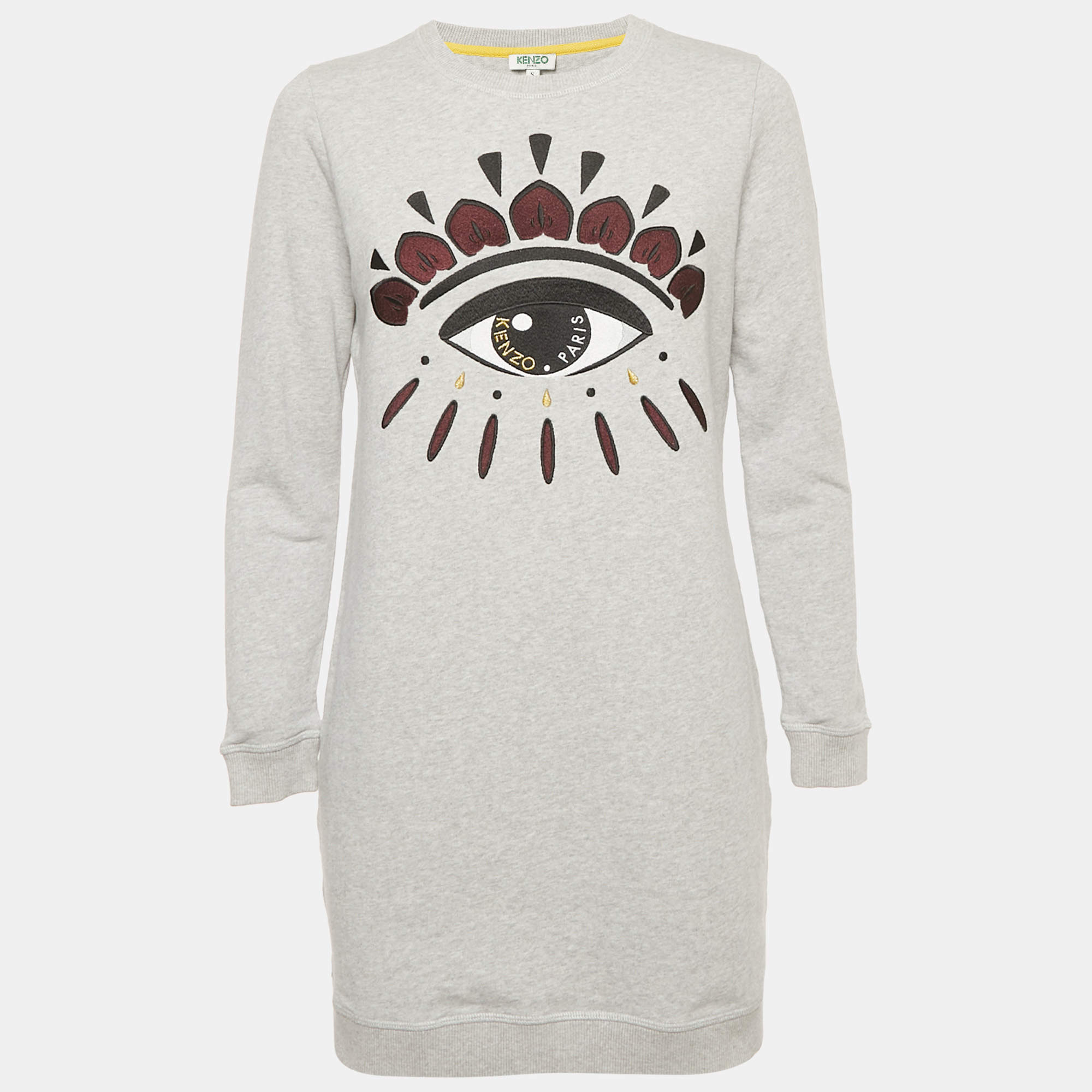 Pre Owned Kenzo Grey Evil Eye Embroidered Cotton Knit Long Sweatshirt S