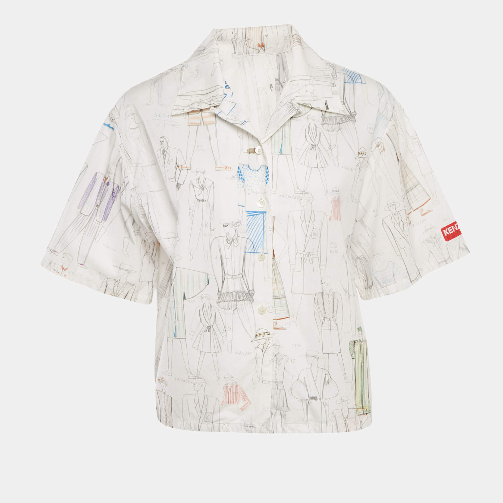 Pre Owned Kenzo White Sketch Print Cotton Boxy Shirt M