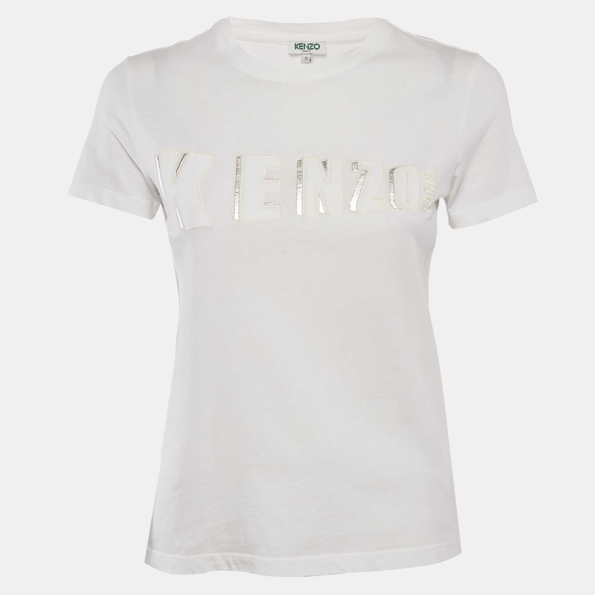 Pre Owned Kenzo White Embossed Logo Cotton Crewneck T-Shirt S
