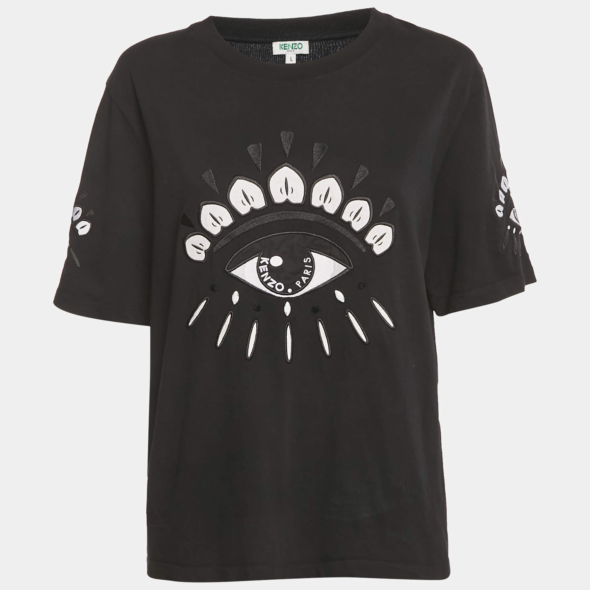 Pre Owned Kenzo Black Eye Embroidered Cotton Crewneck T-shirt L