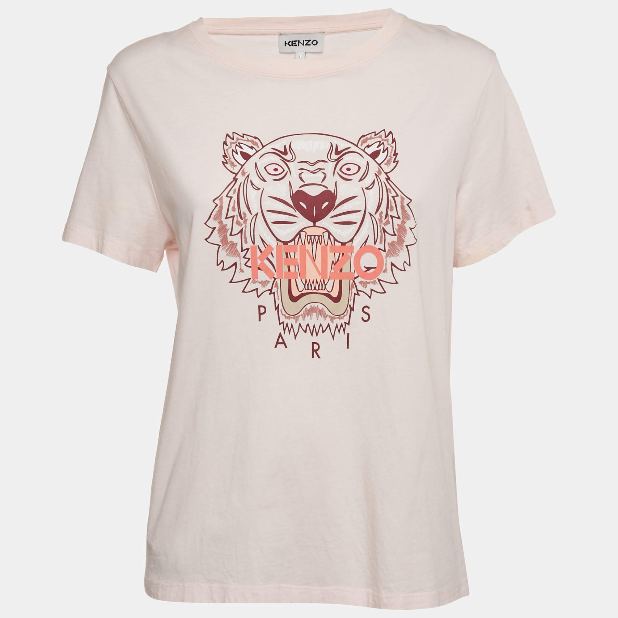 Pre Owned Kenzo Pink Tiger Print Jersey Crewneck T-Shirt L