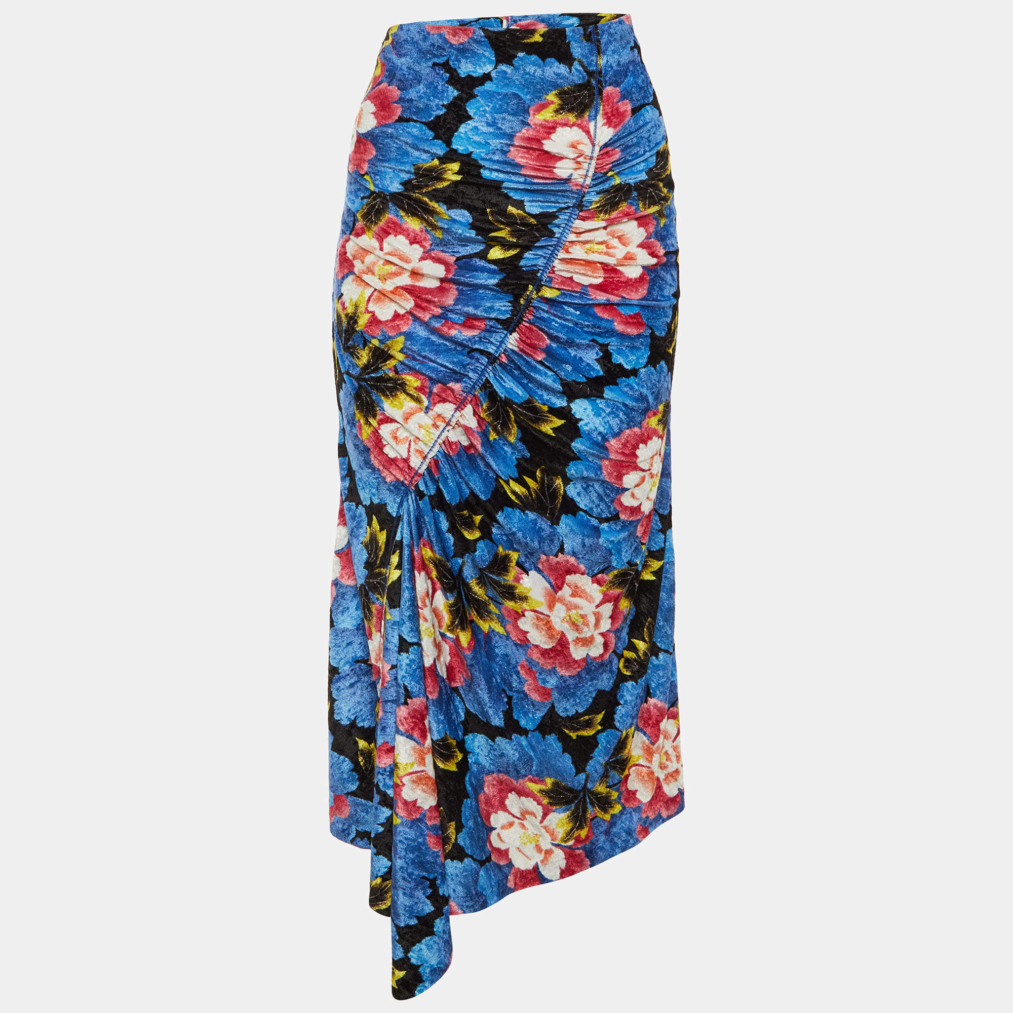 Pre Owned Kenzo Blue Floral Printed Velvet Ruched Midi Skirt M