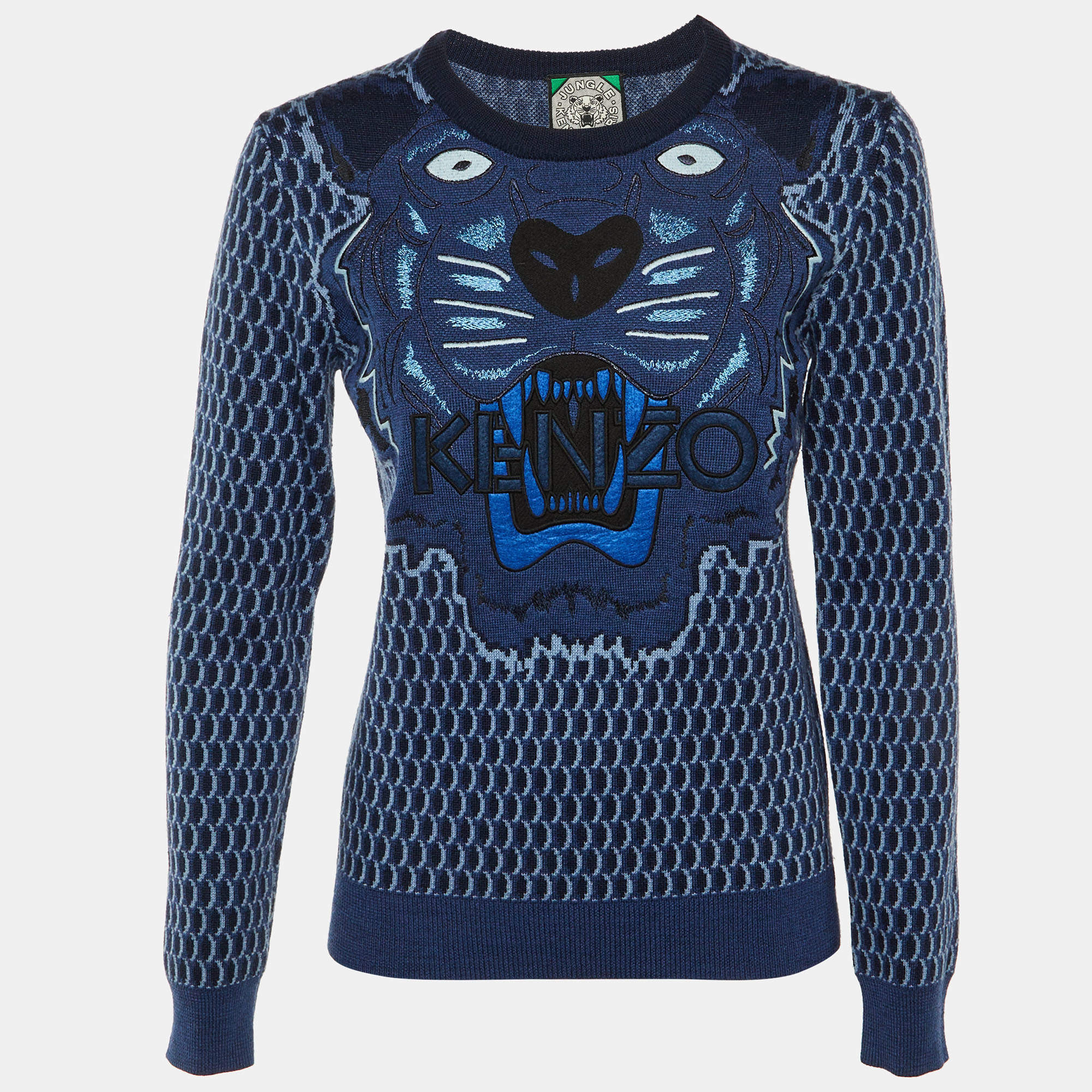 Pre Owned Kenzo Blue Tiger Embroidered Wool Crew Neck Sweater M
