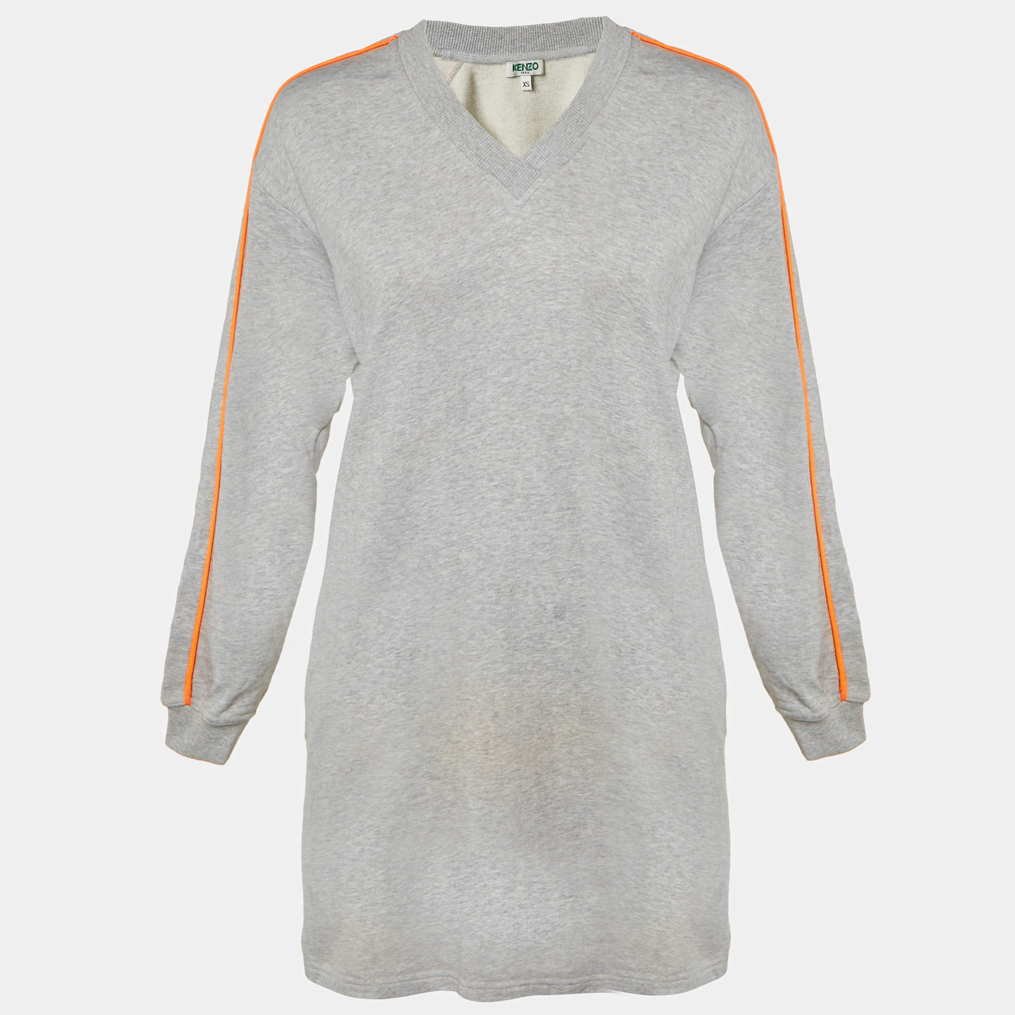 Pre Owned Kenzo Grey Cotton Jersey V-Neck Sweatshirt Dress XS