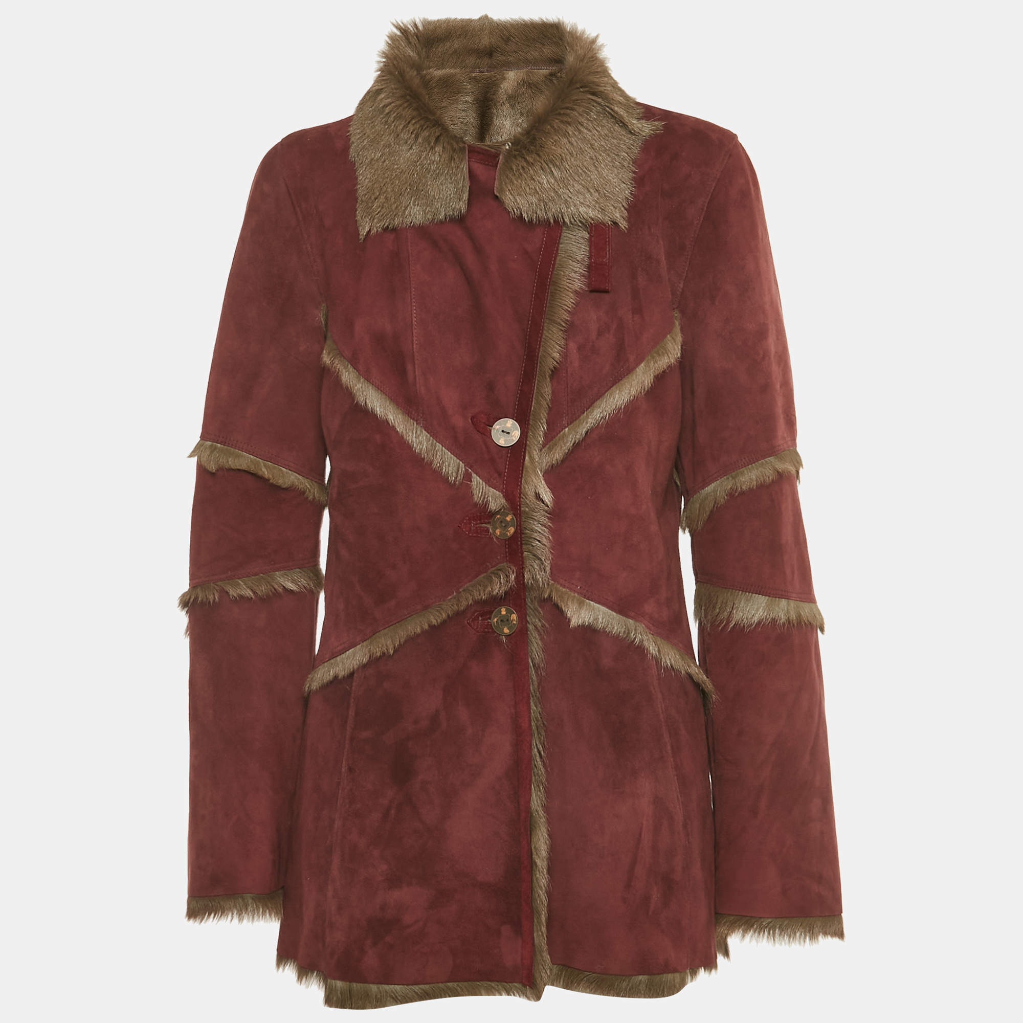 Pre Owned Kenzo Jungle Burgundy Suede and Fur Button Front Coat M