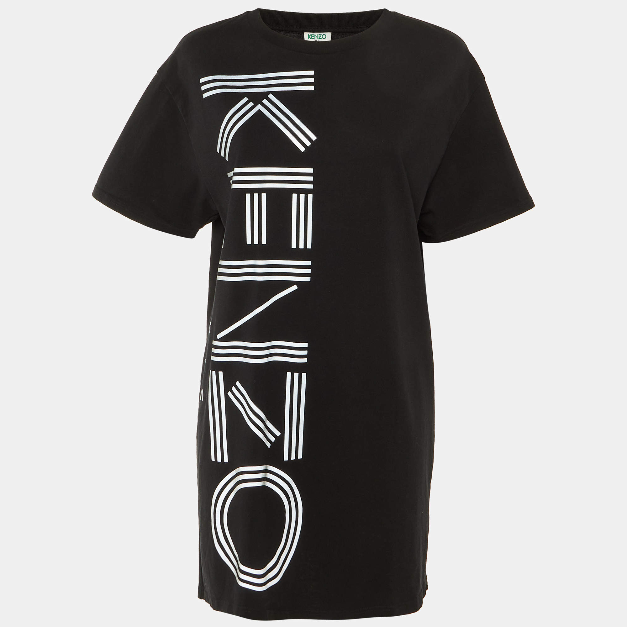 Pre Owned Kenzo Black Print Logo Cotton T-Shirt Dress S