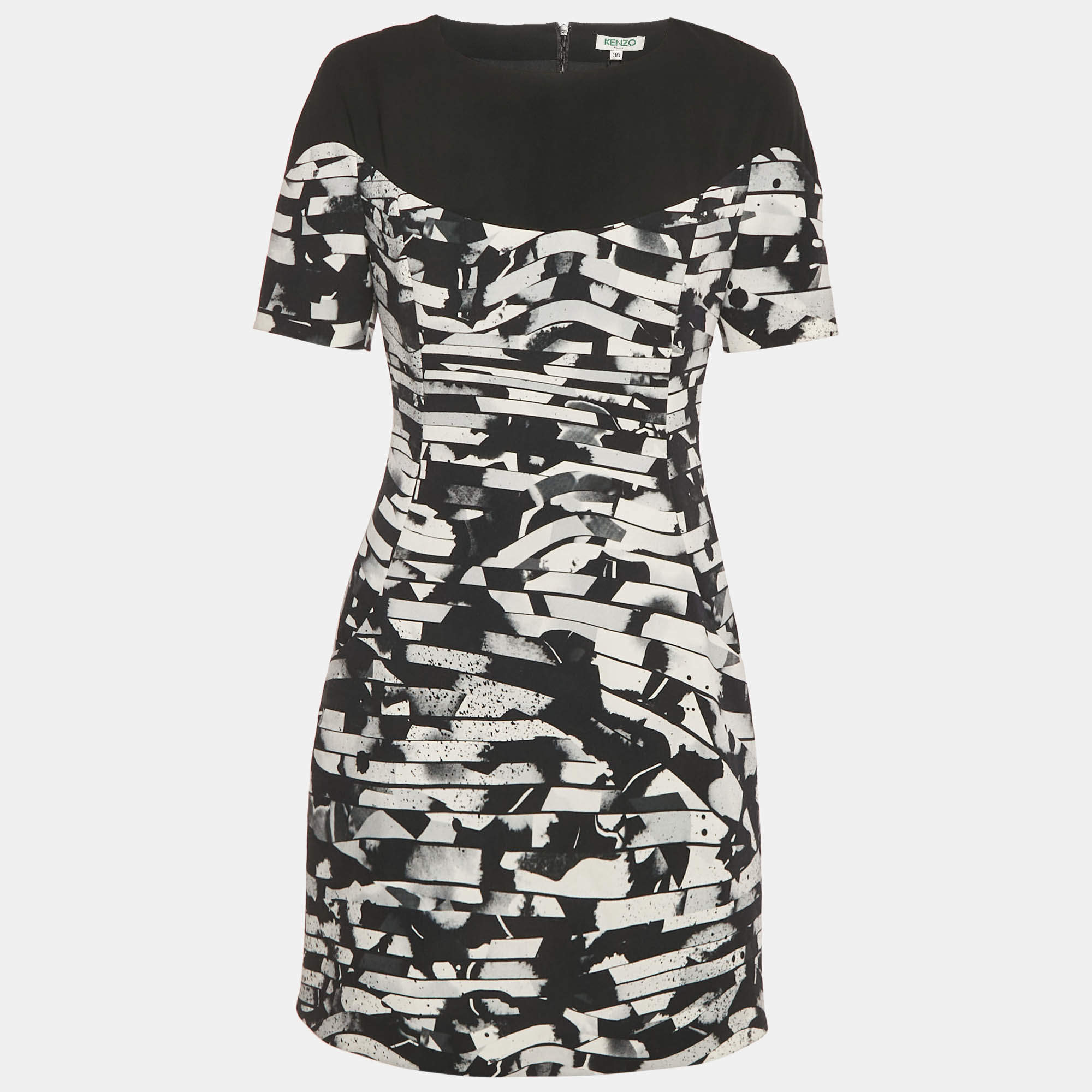Pre Owned Kenzo Black /White Printed Crepe Mini Dress M