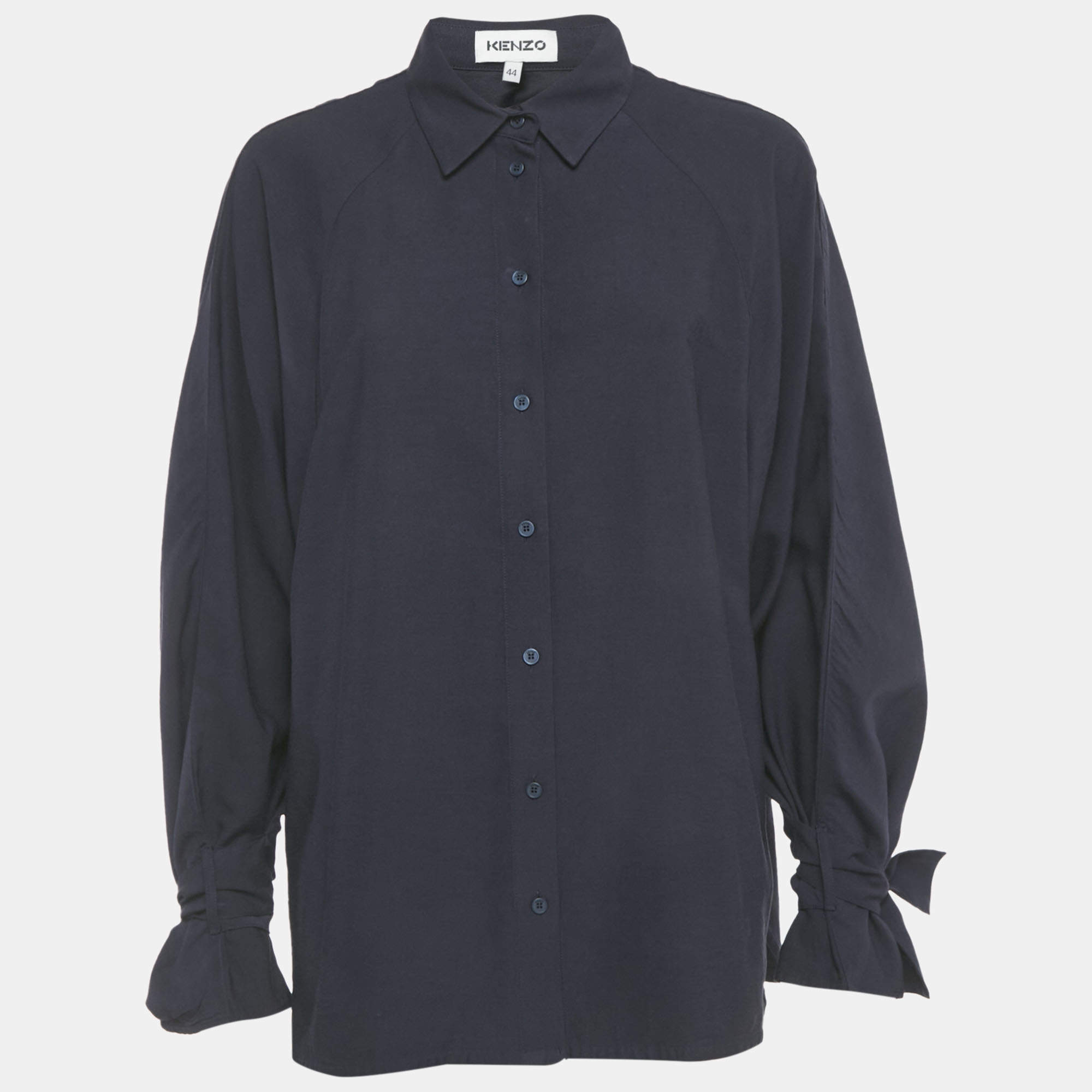 مملوكة مسبقًا Kenzo Navy Blue Crepe Ruffled Sleeve Loose Fit Shirt XL