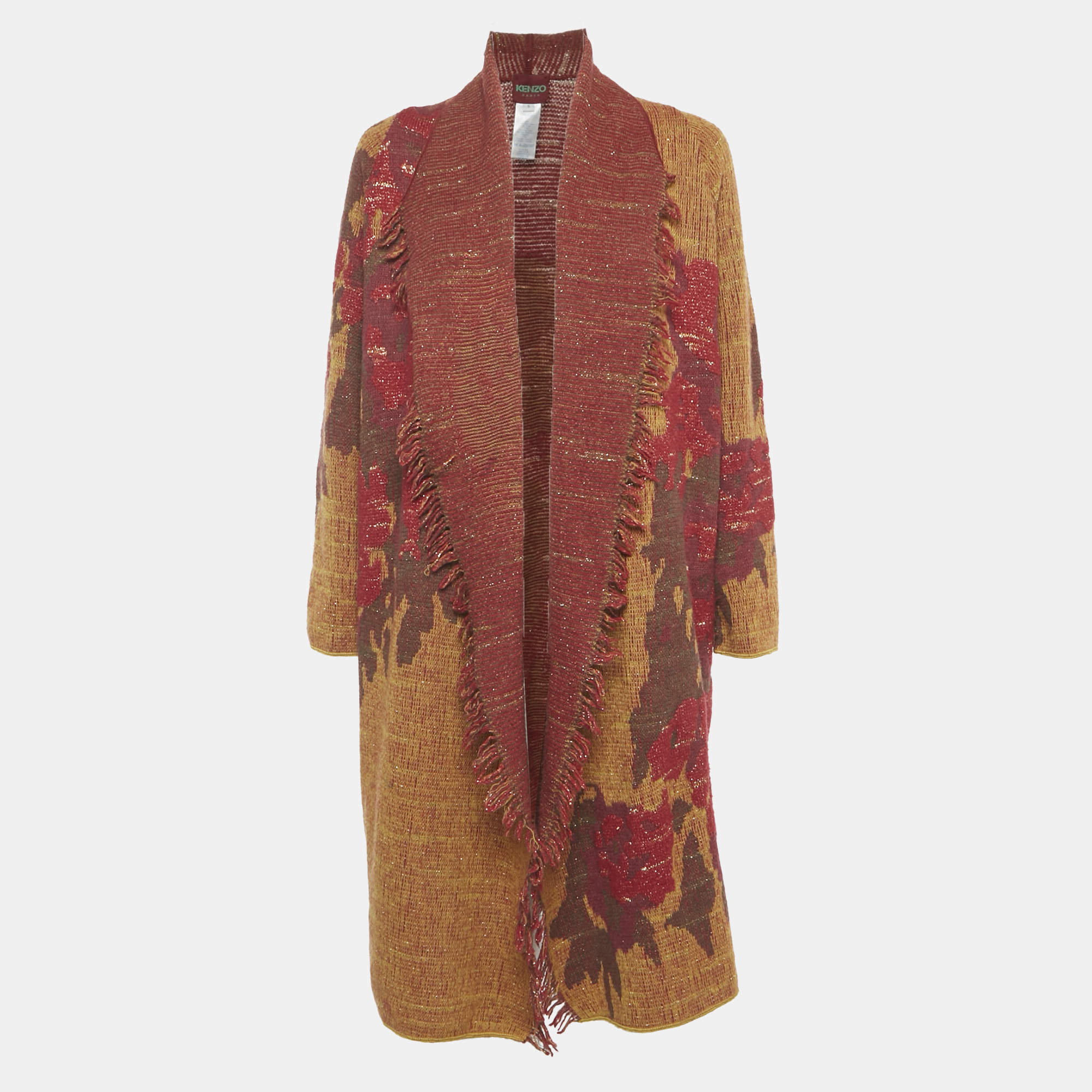 Pre Owned Kenzo Red Wool and Lurex Fringed Cardigan S