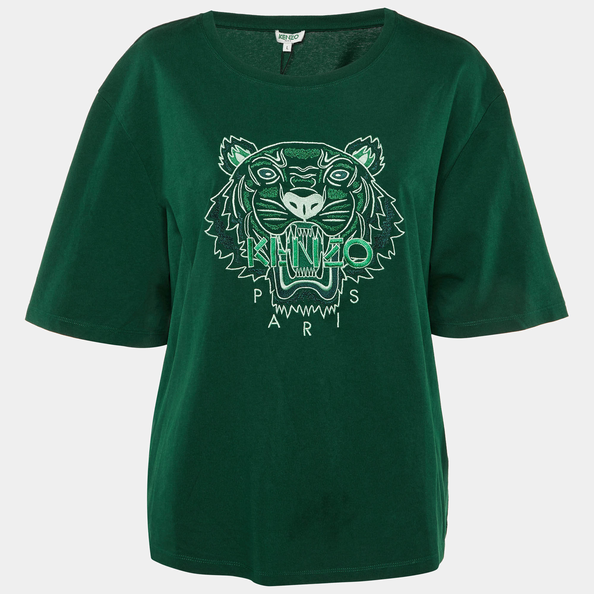 Pre Owned Kenzo Green Tonal Tiger Embroidered Cotton T-Shirt L