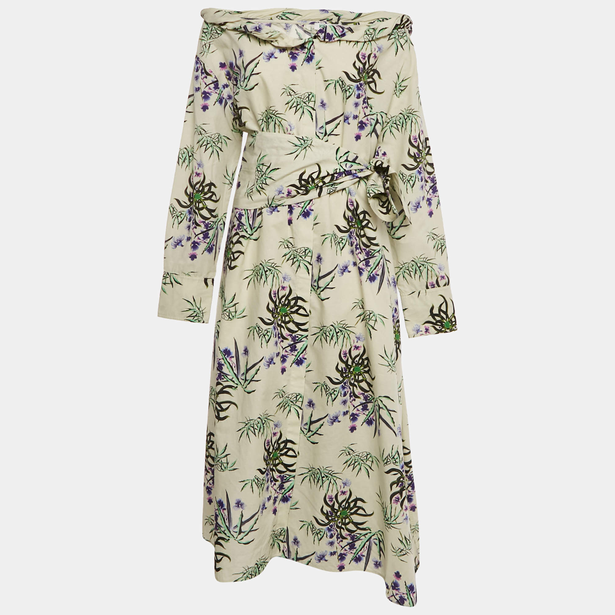 Pre Owned Kenzo Beige Floral Print Cotton & Linen Maxi Dress L