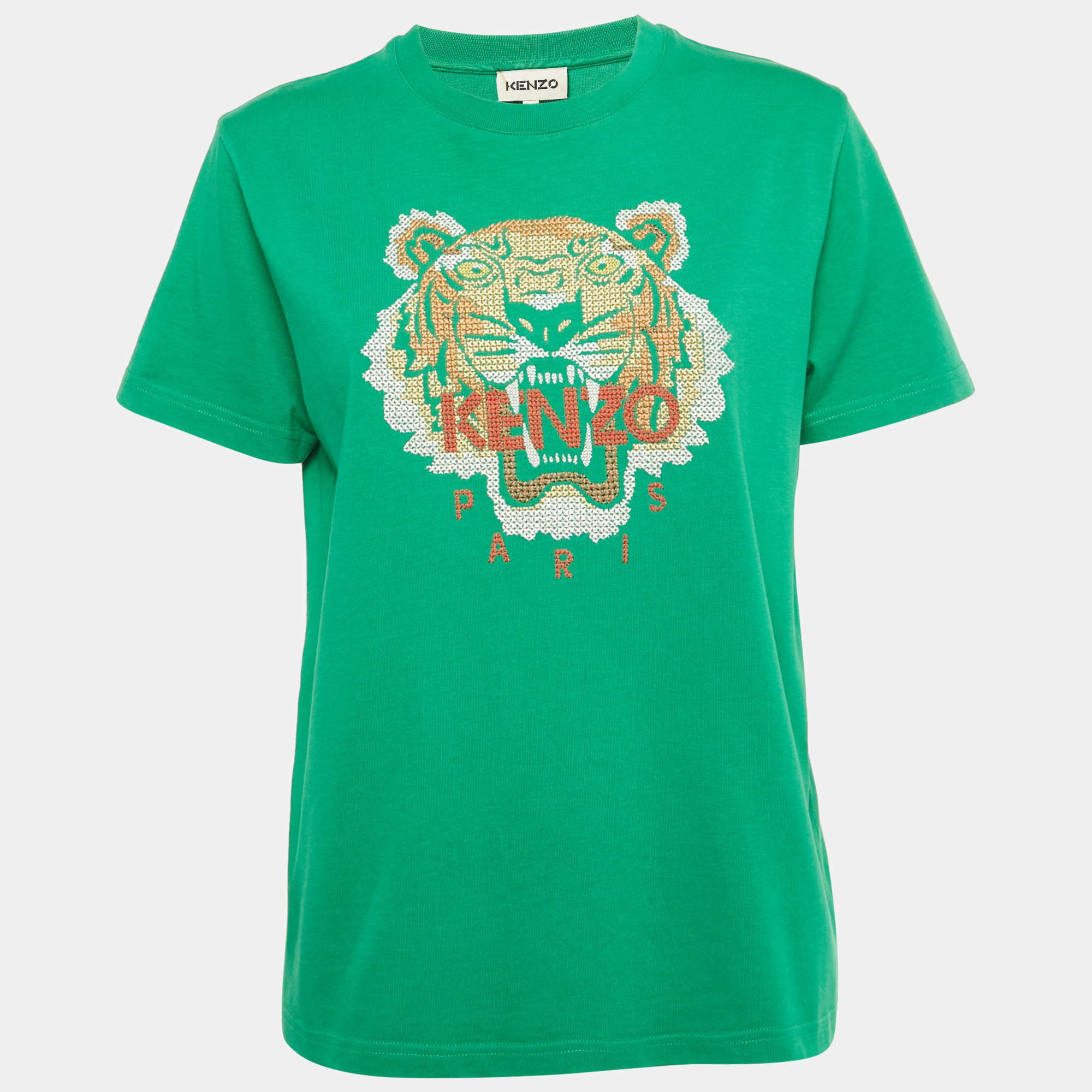 Pre Owned Kenzo Green Lion Embroidered Jersey T-Shirt M