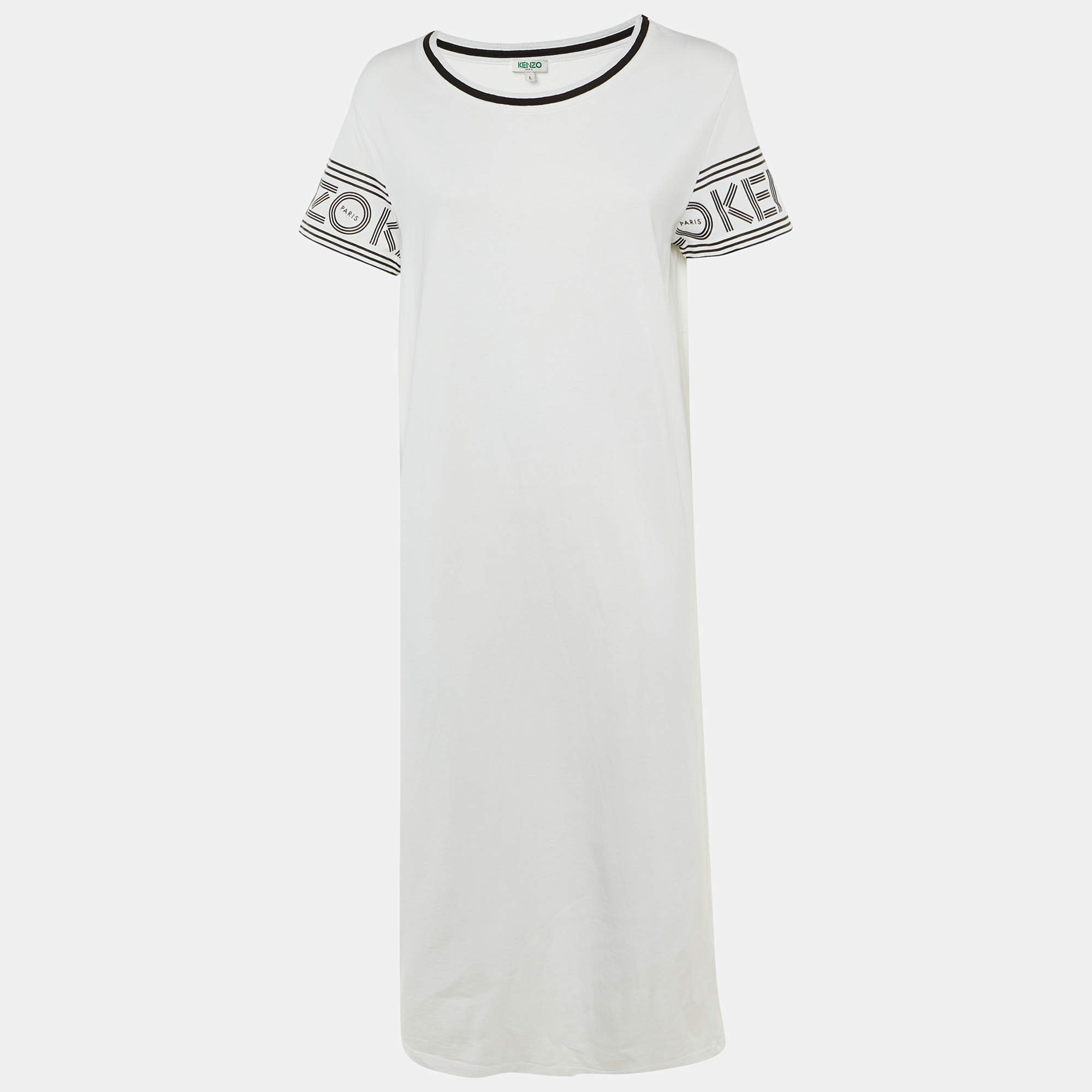 Pre Owned Kenzo White Logo Print Cotton Midi Dress L