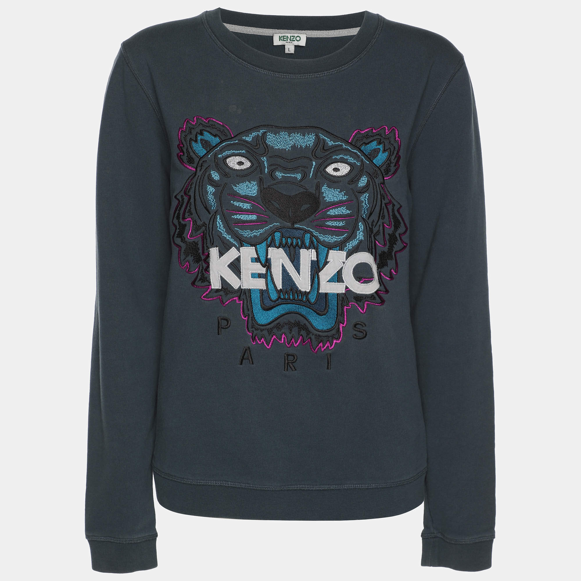 Pre Owned Kenzo Teal Blue Tiger & Logo Embroidered Knit Sweatshirt L