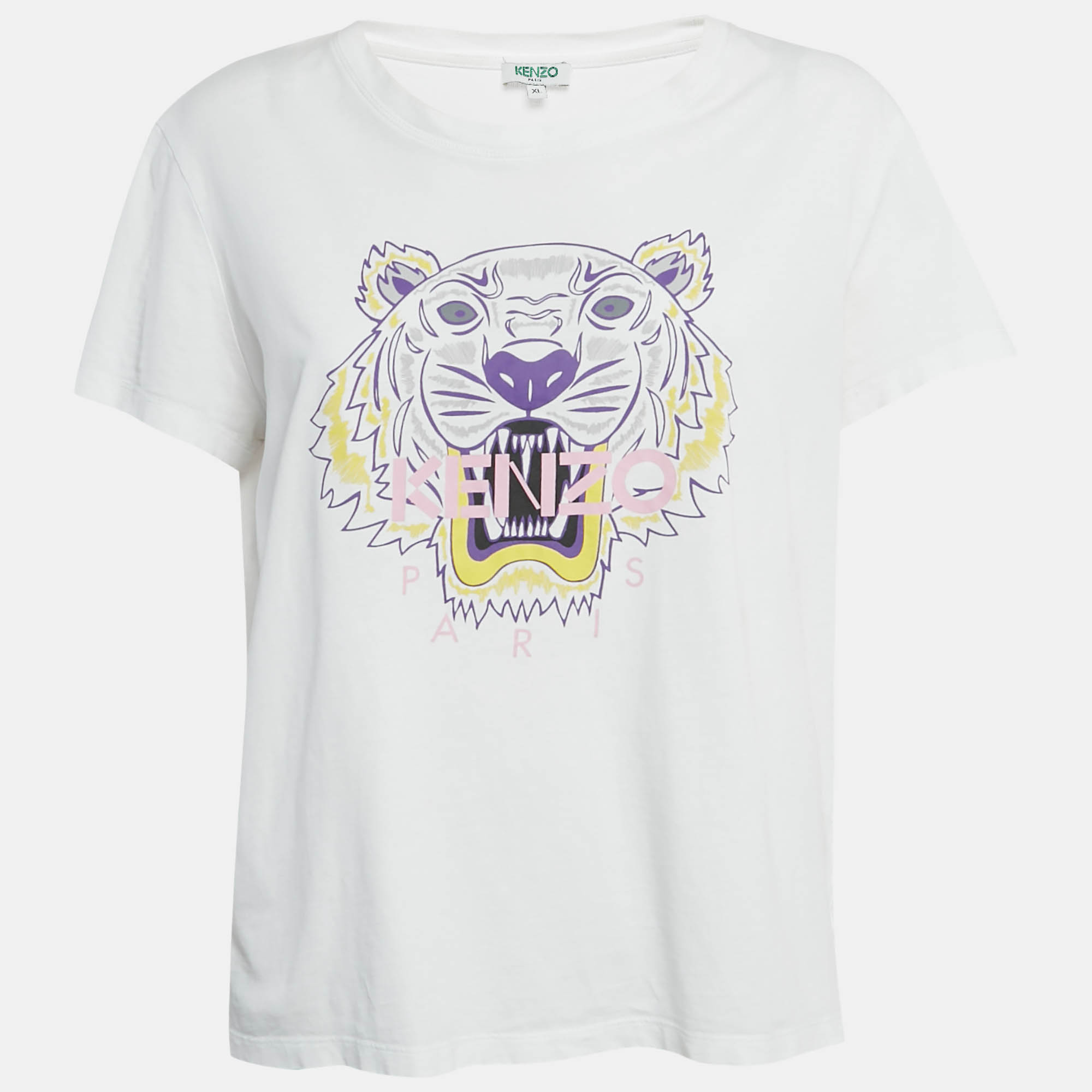 Pre Owned Kenzo White Tiger Logo Print Cotton T-Shirt XL