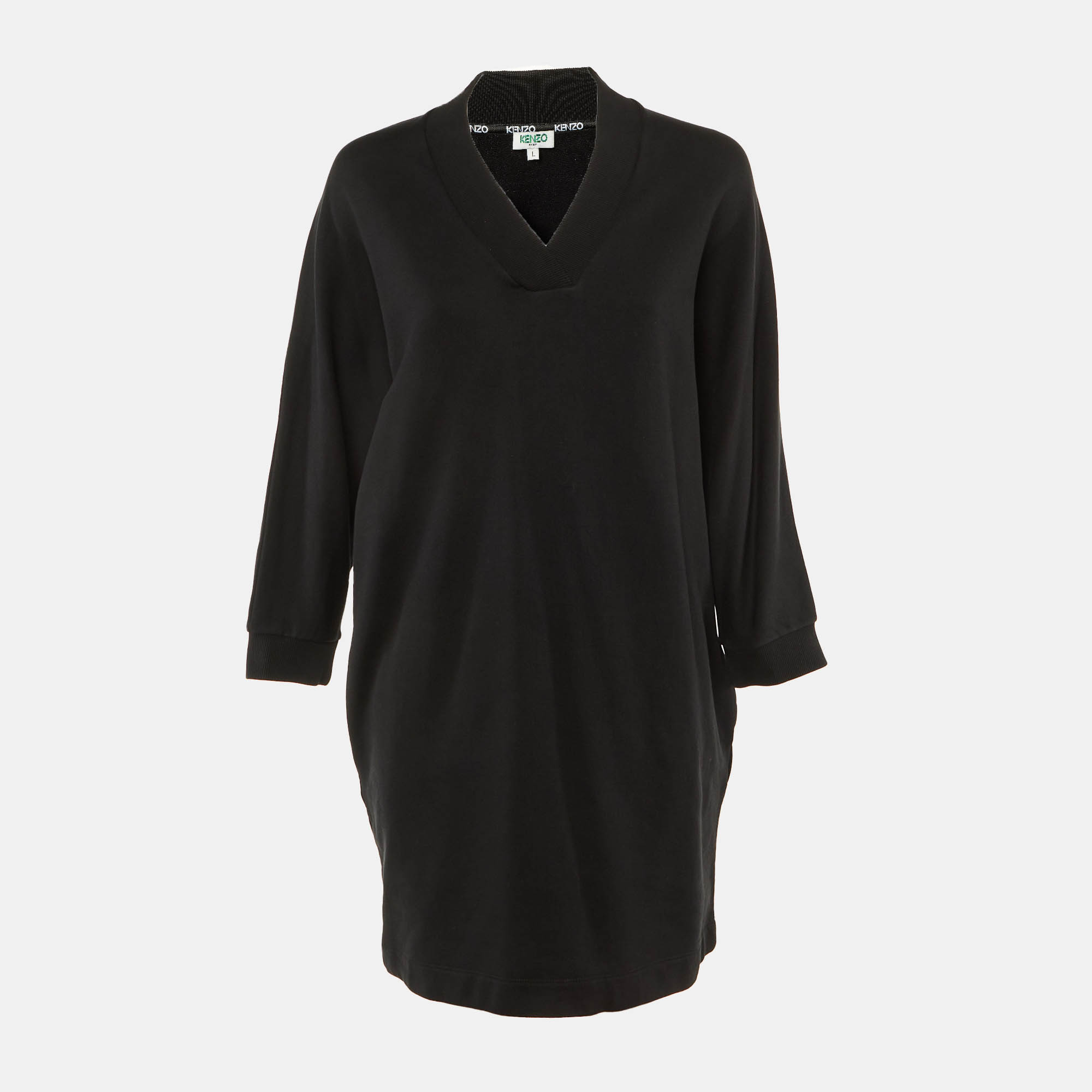 Pre Owned Kenzo Black Logo Print Cotton Sweater Dress L