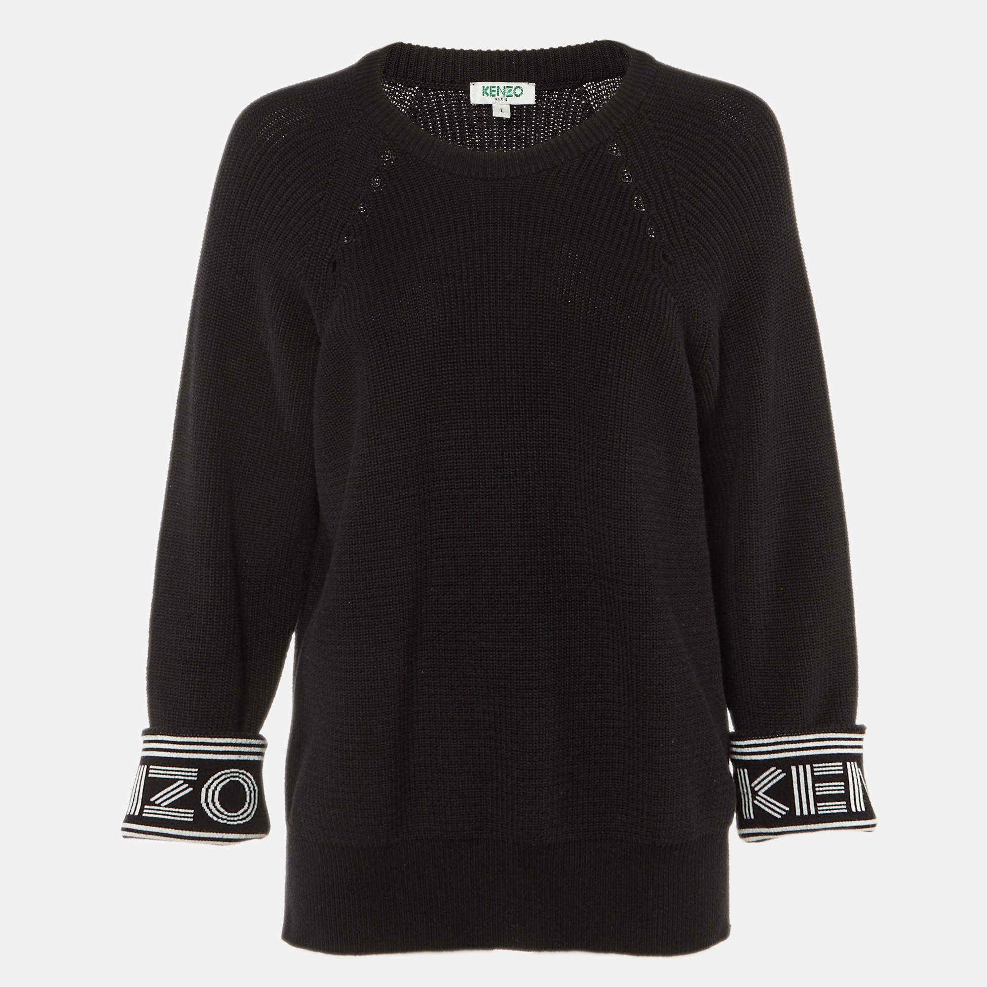 Pre Owned Kenzo Black Logo Intarsia Cotton & Wool Knit Crew Neck Sweater L