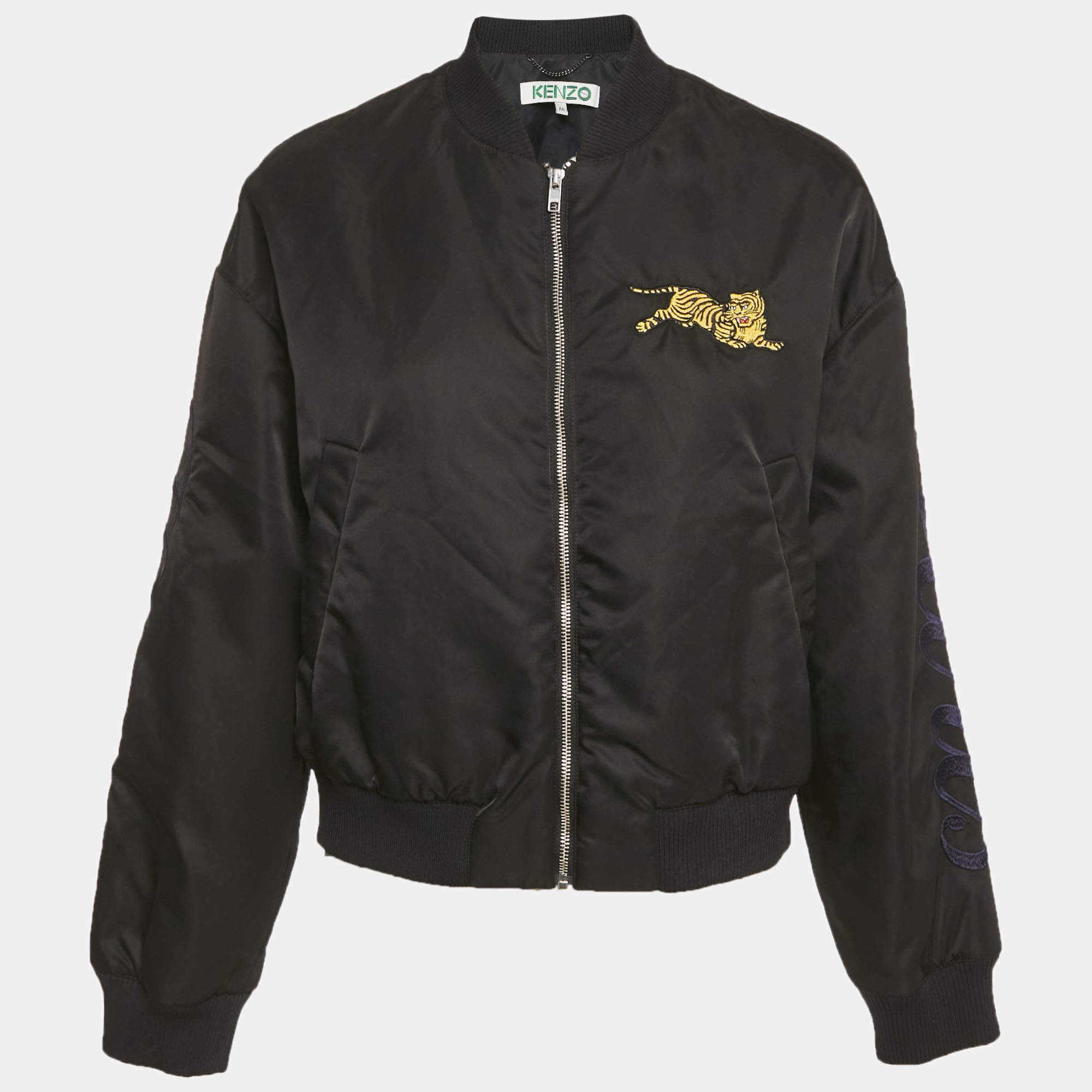 Pre Owned Kenzo Black Jumping Tiger Applique Synthetic Bomber Jacket  M