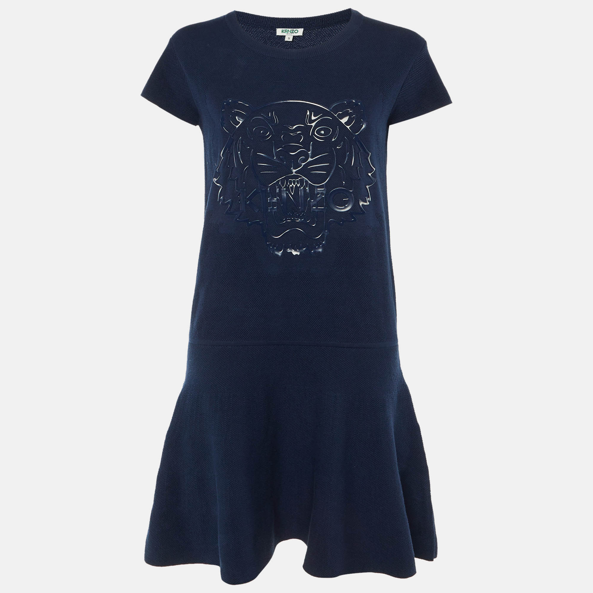 Pre Owned Kenzo Navy Blue Cotton Knit Tiger Head Applique Short Dress S