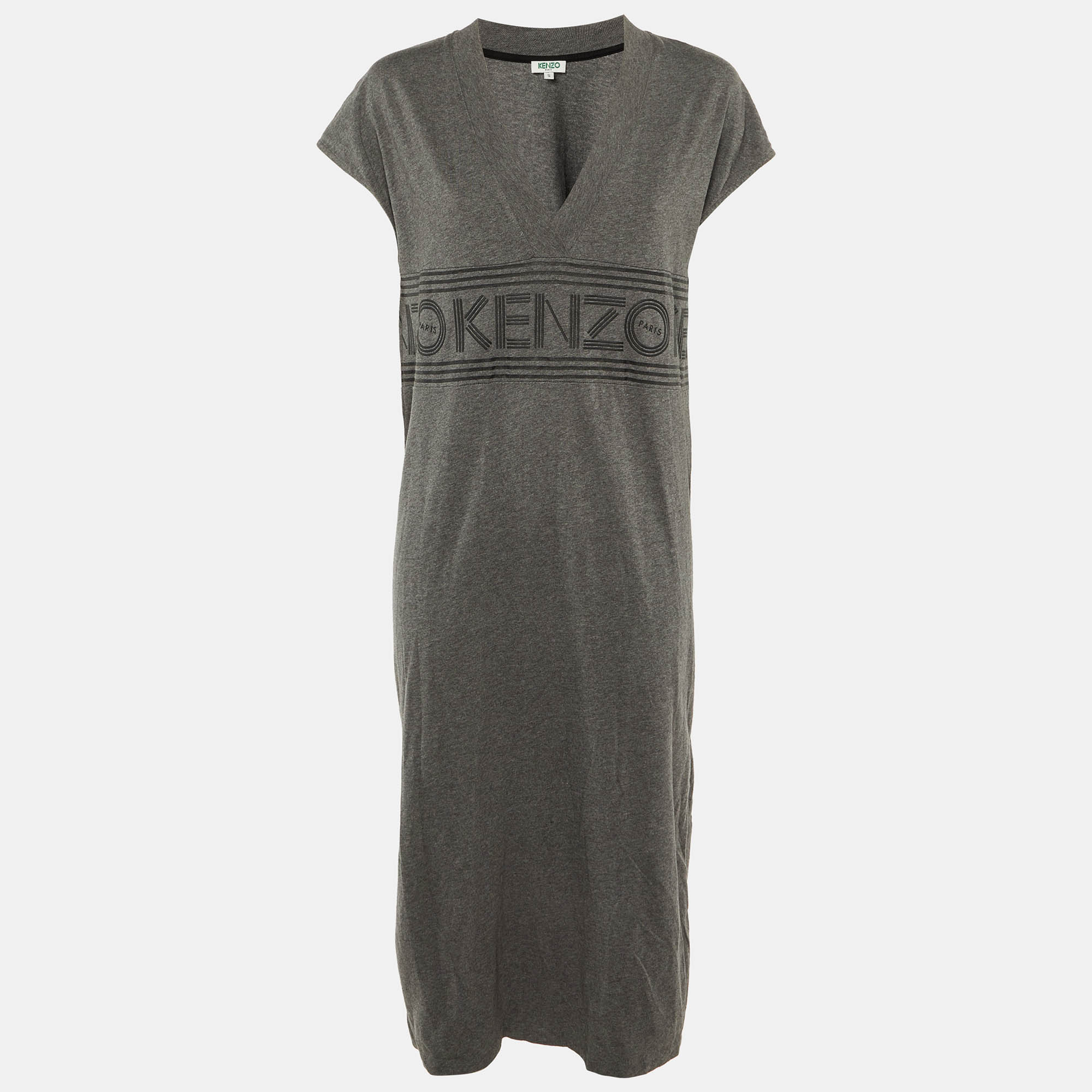 Pre Owned Kenzo Grey Cotton Logo Applique T-Shirt Midi Dress S
